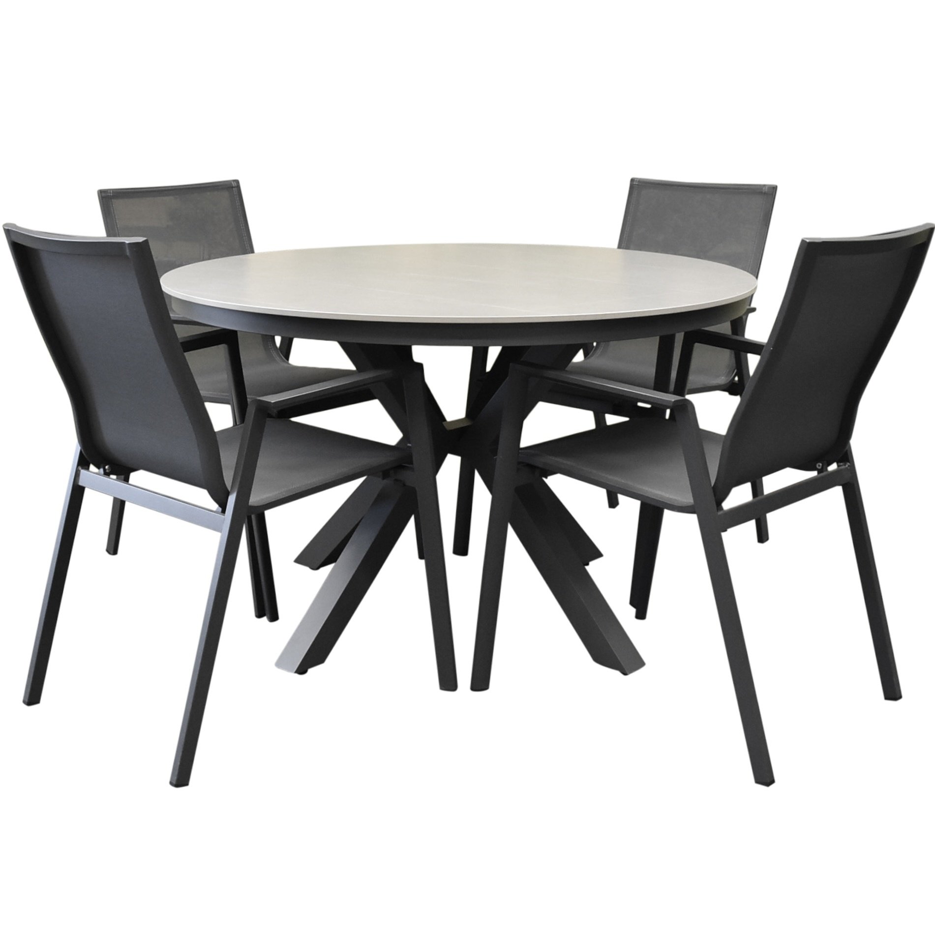 AVH-Collectie Malaga Samantha dining tuinset 120xH75 cm rond 5 delig antraciet keramisch blad