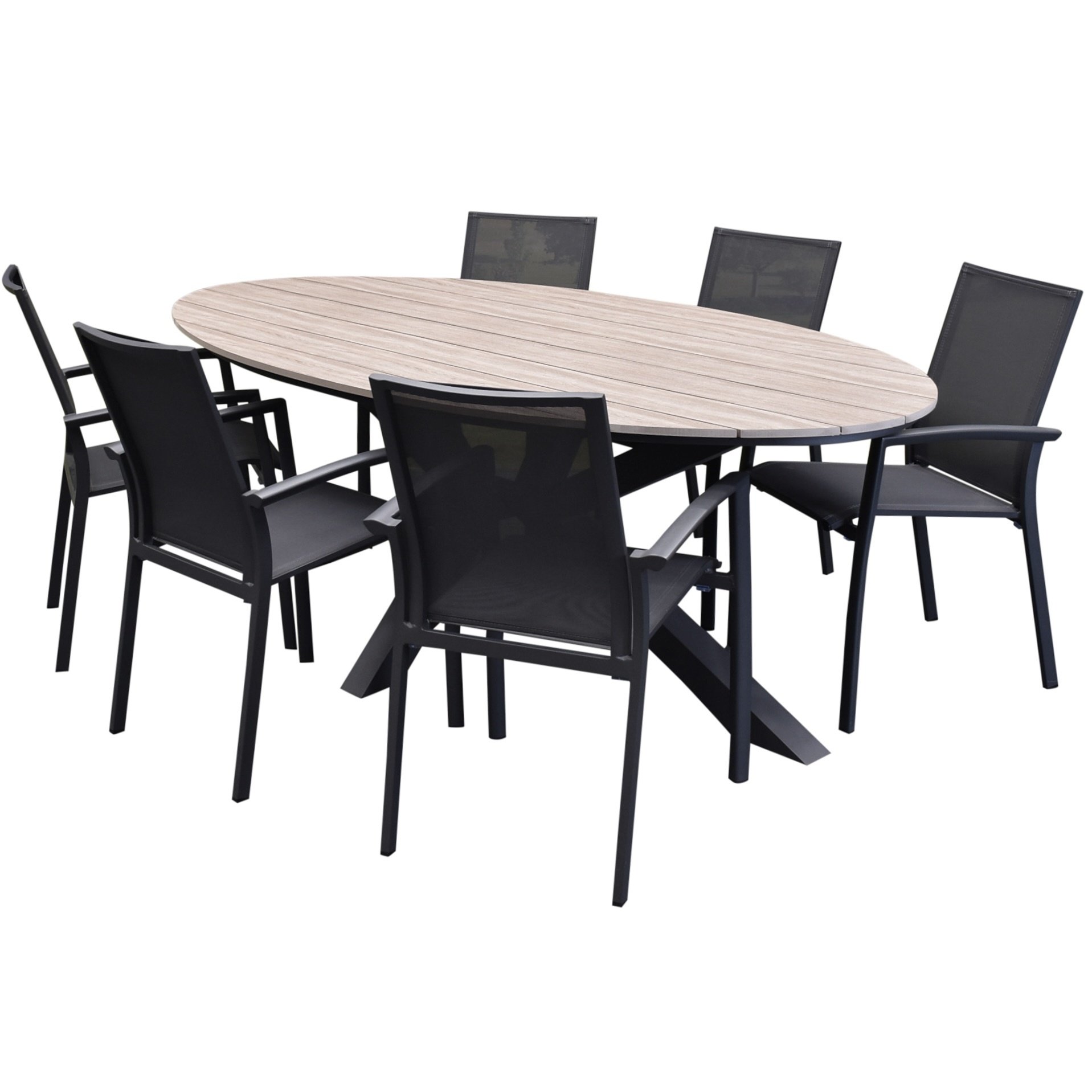 AVH-Collectie Malaga  Salvador dining tuinset ovaal stapelbaar 220x115xH75 cm 7 delig polywood