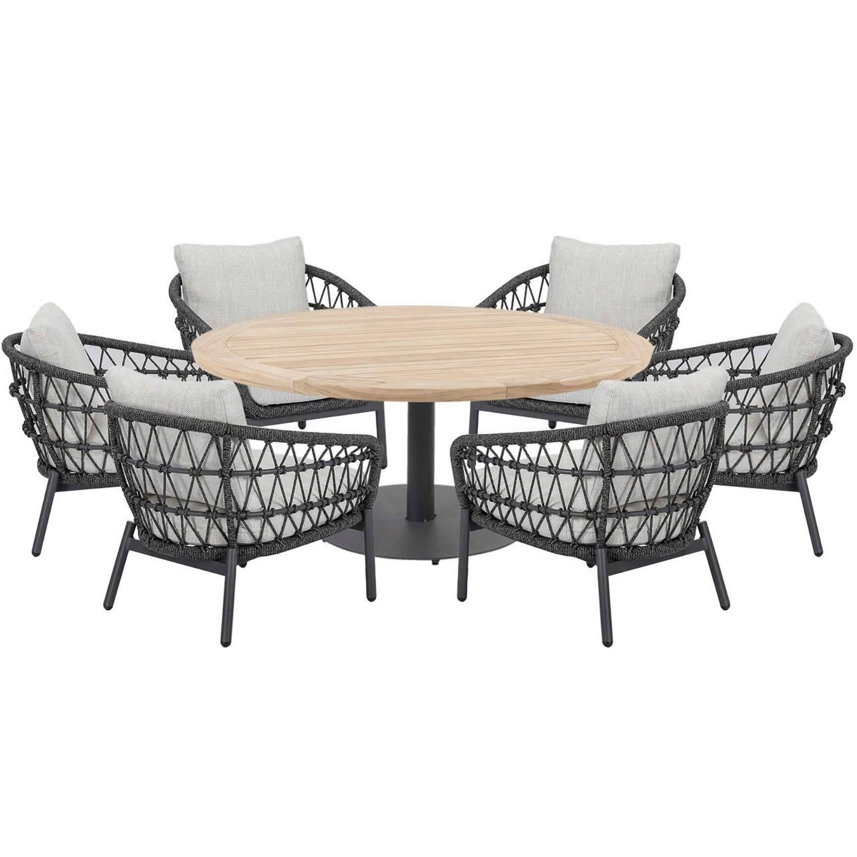 AVH-Collectie Arezzo Saba low dining tuinset 160xH75 cm rond 7 delig teak rope
