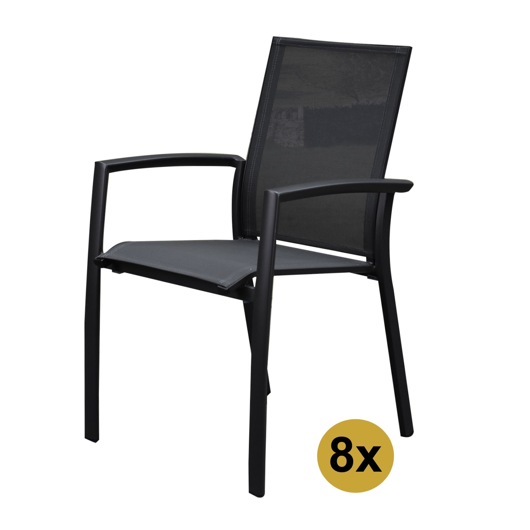 AVH-Collectie Set van 8 Malaga stapelbare tuinstoelen antraciet aluminium textileen