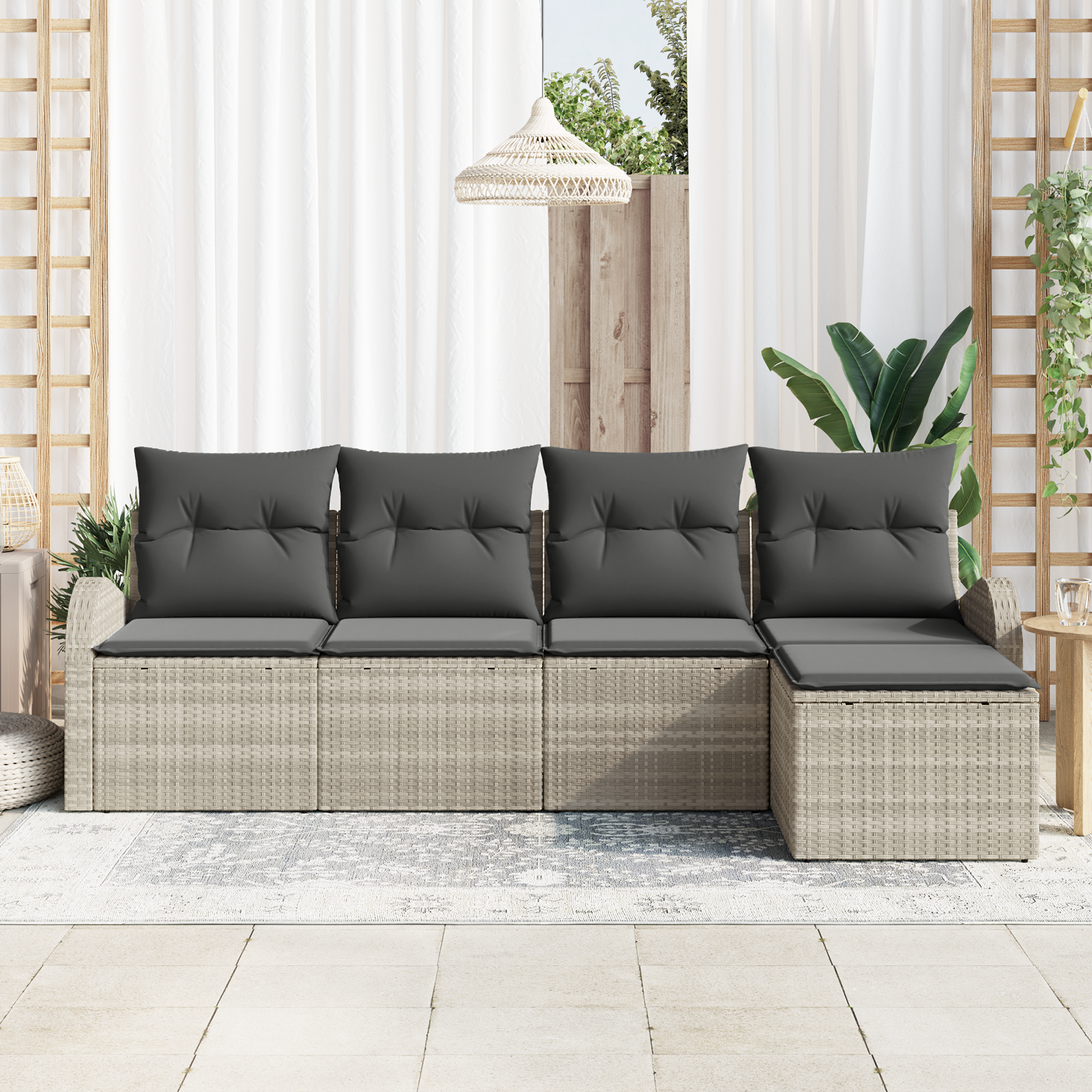 vidaXL 5-delige Tuinbankenset met kussens poly rattan lichtgrijs