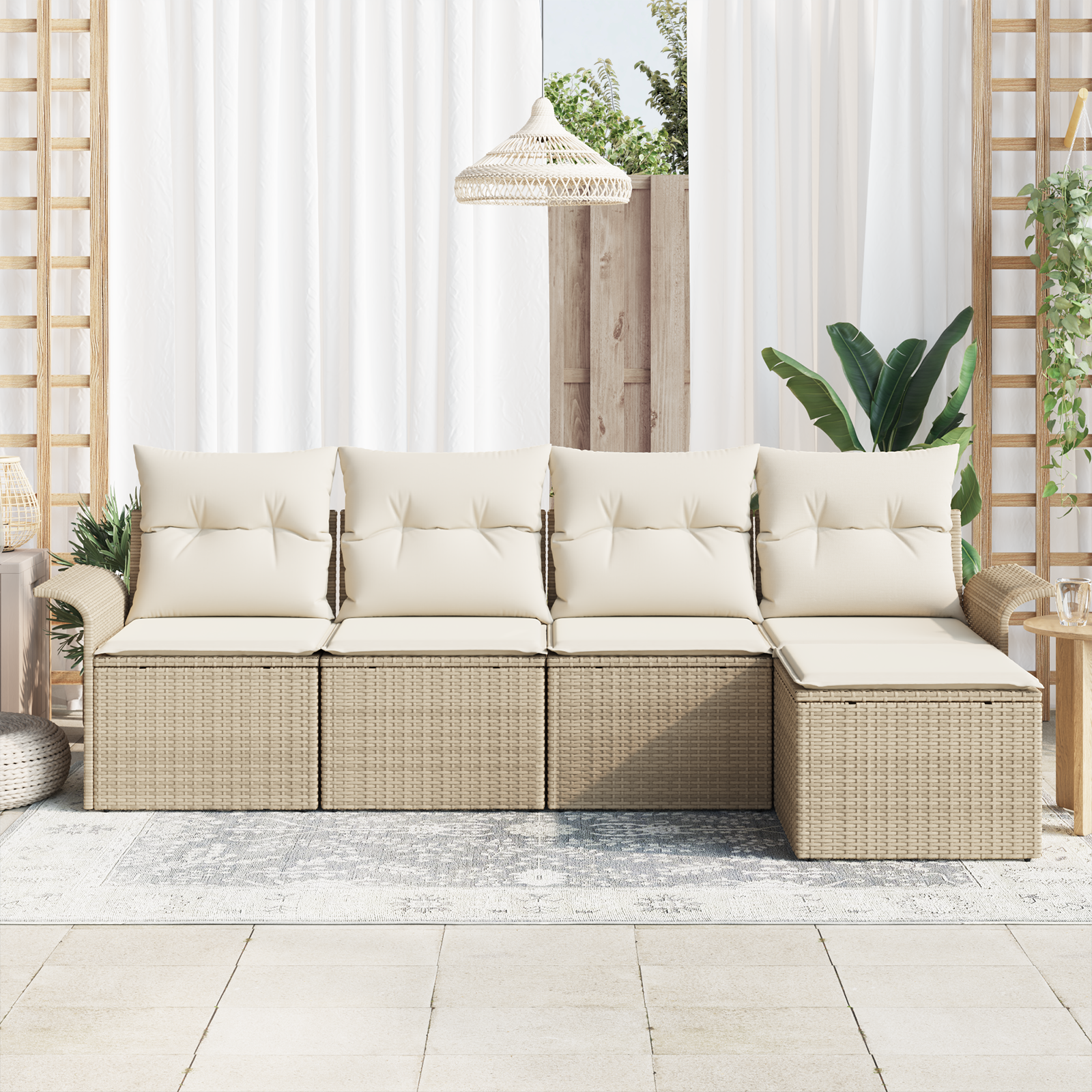 vidaXL 5-delige Tuinbankenset met kussens poly rattan beige