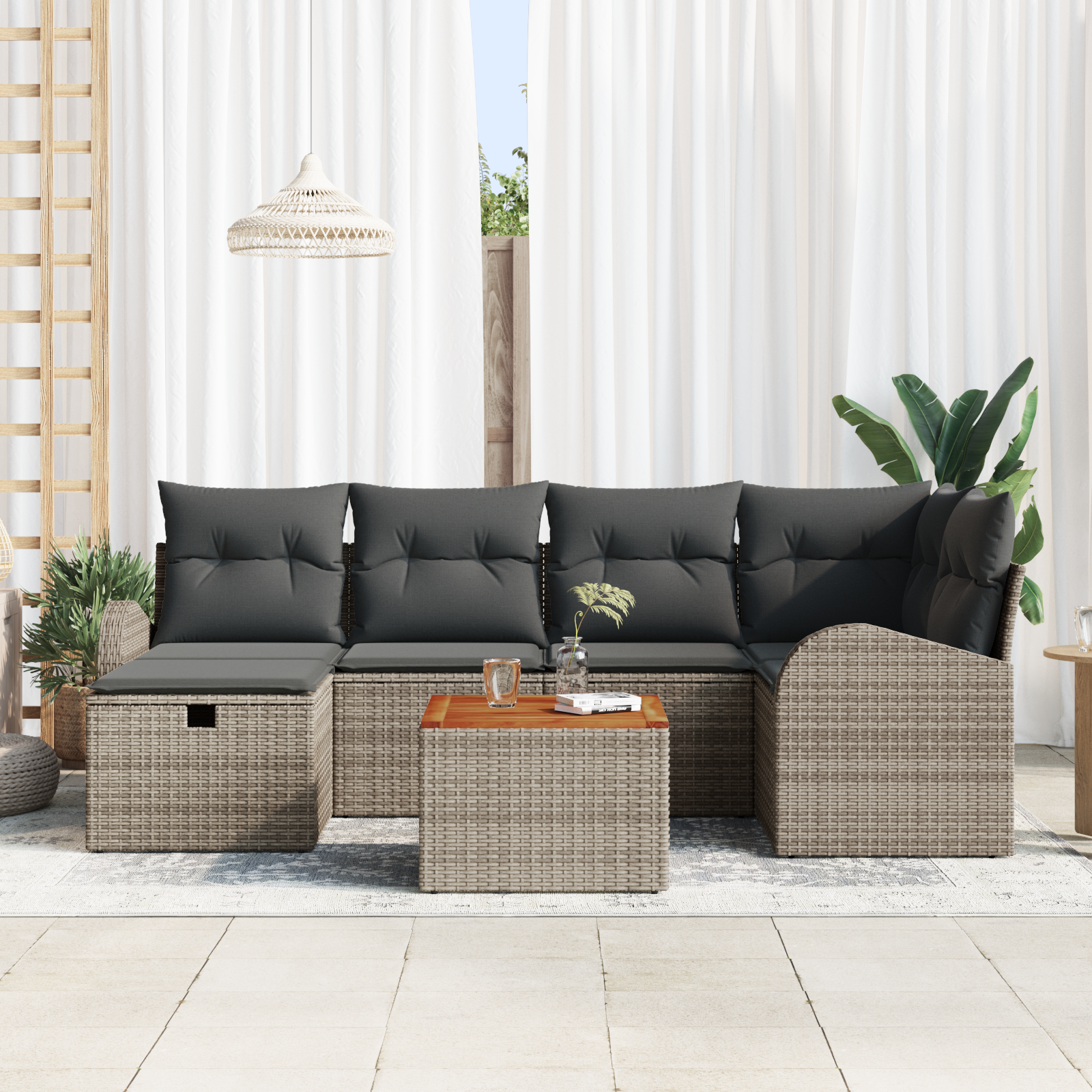 vidaXL 7-delige Tuinbankenset met kussens poly rattan grijs