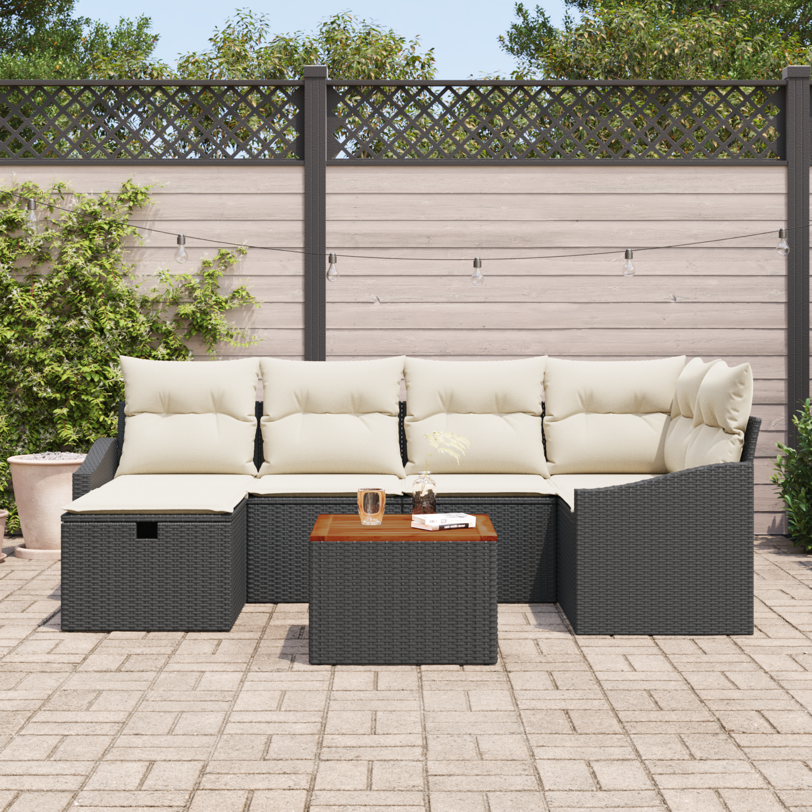 vidaXL 7-delige Tuinbankenset met kussens poly rattan zwart