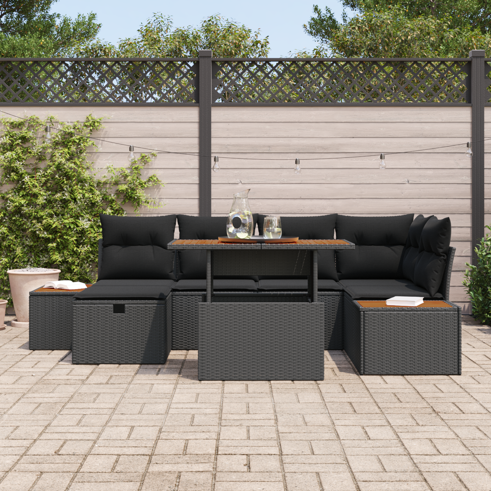 vidaXL 7-delige tuinset met kussens in zwart poly rattan