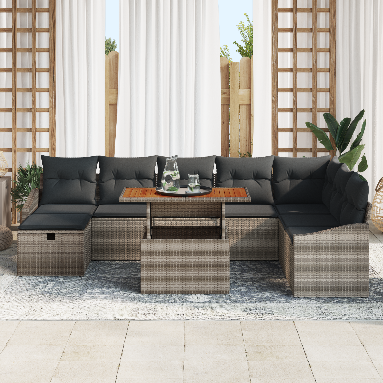vidaXL 9-delige tuinset met kussens in grijs poly rattan
