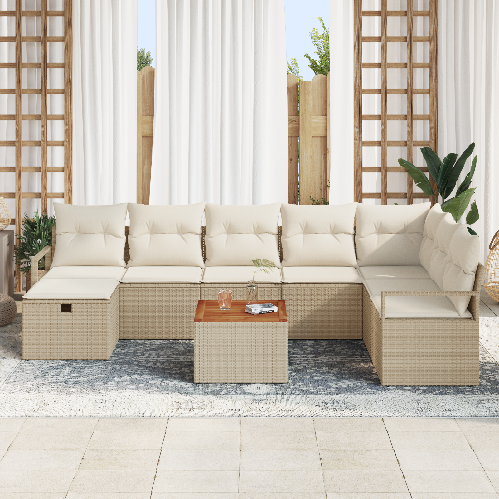 vidaXL 9-delige tuinset met kussens in beige poly rattan