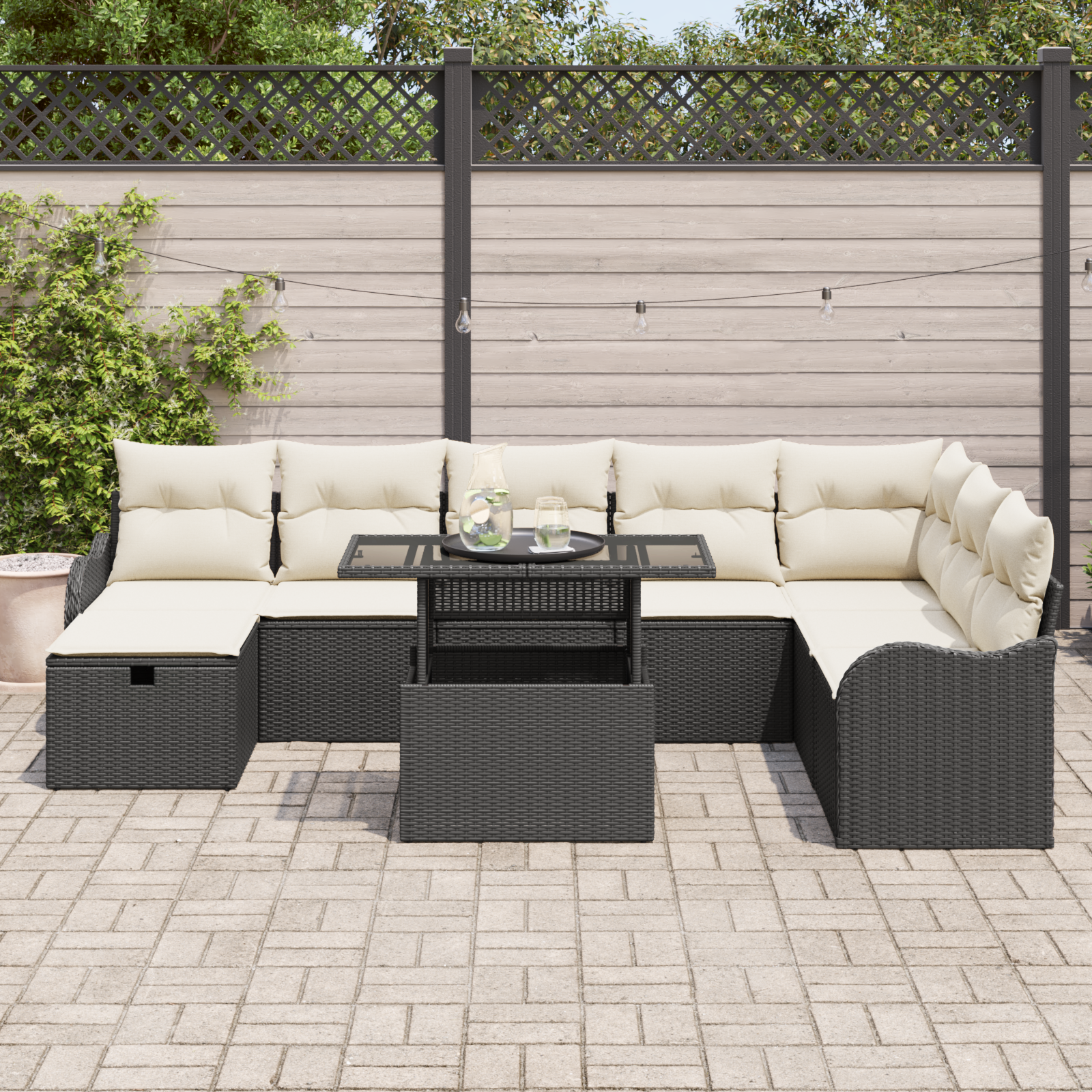vidaXL 9-delige Tuinbankenset met kussens poly rattan zwart