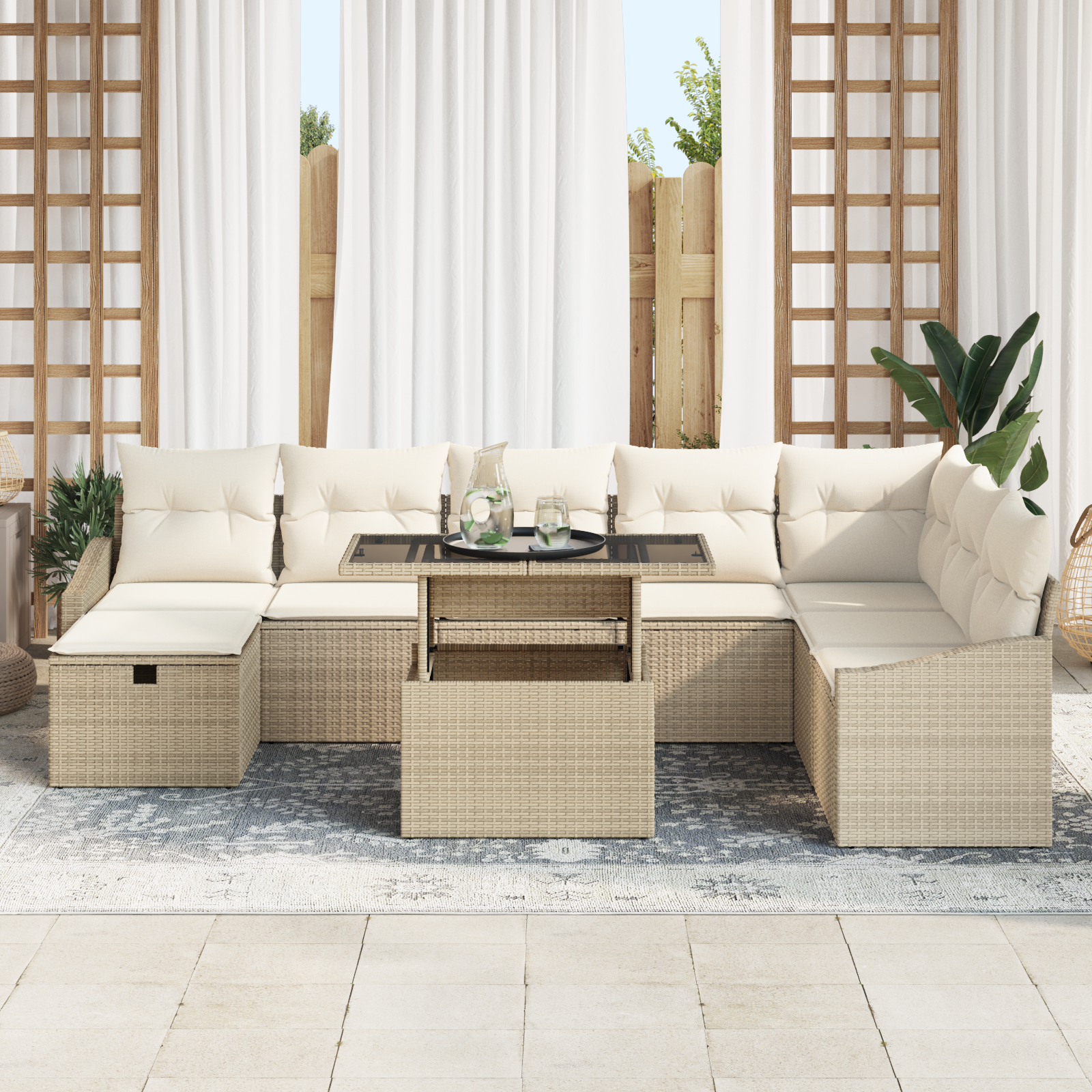 vidaXL 9-delige Tuinbankenset met kussens poly rattan beige