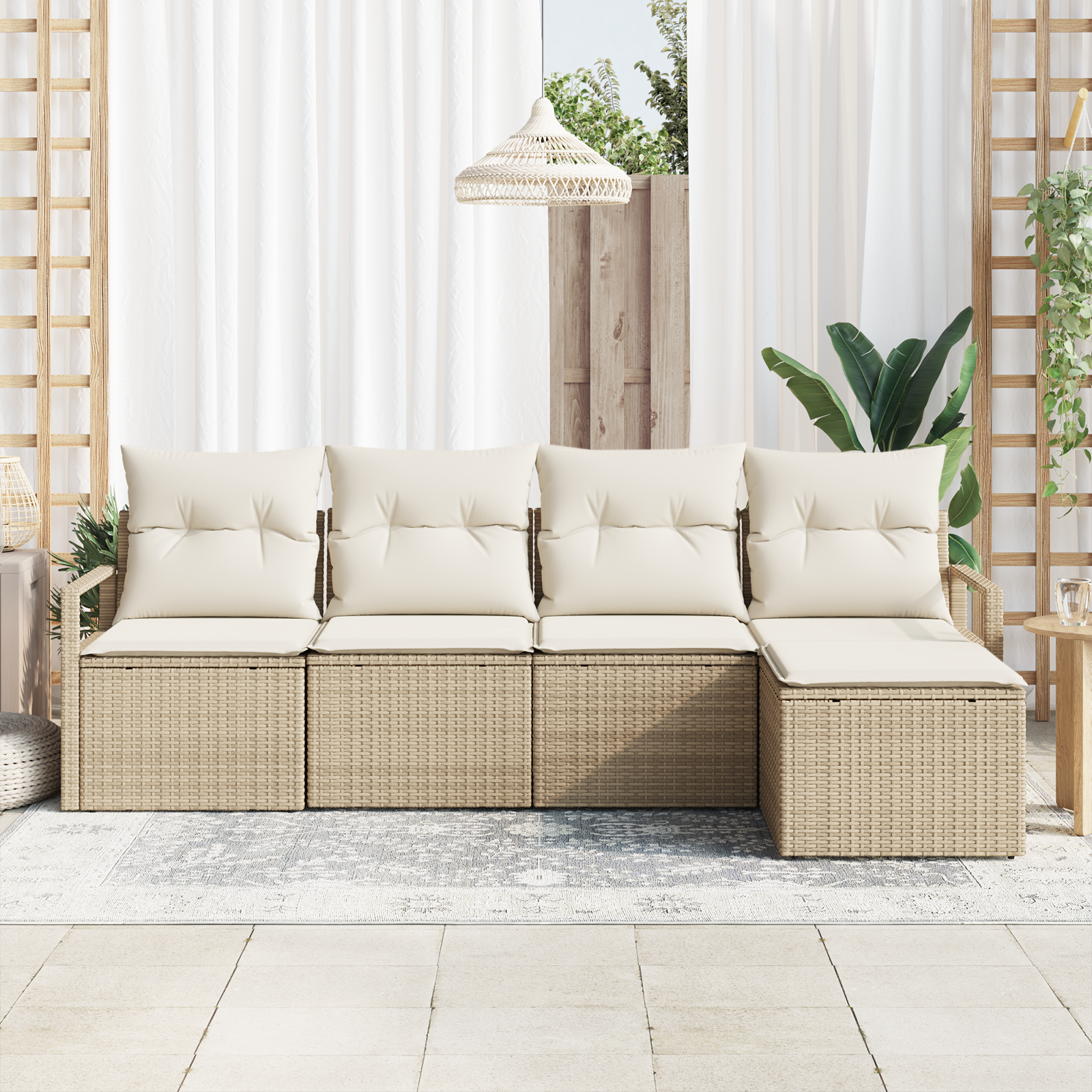 vidaXL 5-delige Tuinbankenset met kussens poly rattan beige