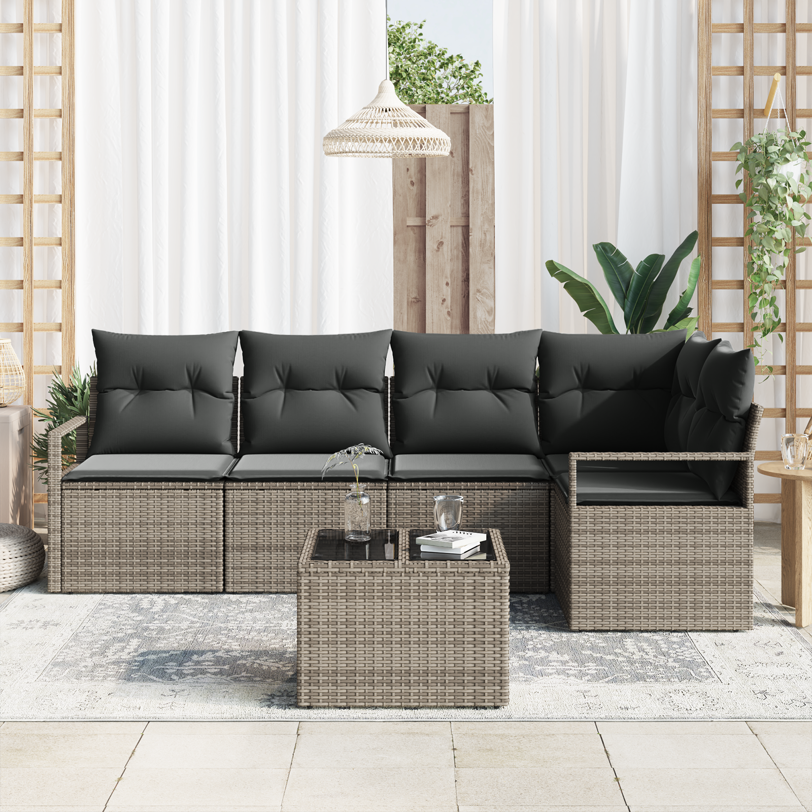 vidaXL 5-delige tuinsofaset met kussens zwart poly rattan