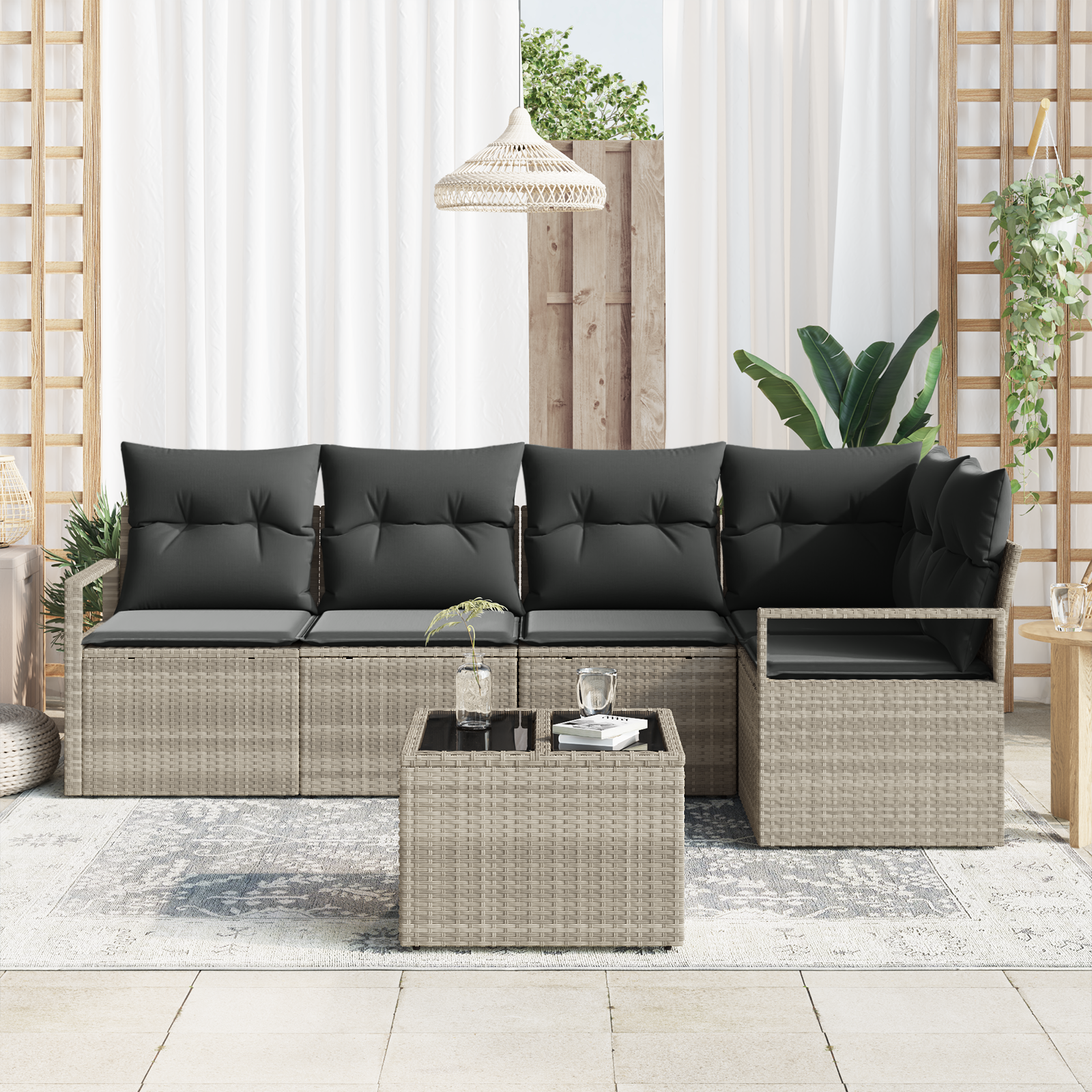 vidaXL 6-delige tuinset met kussens in grijs poly rattan