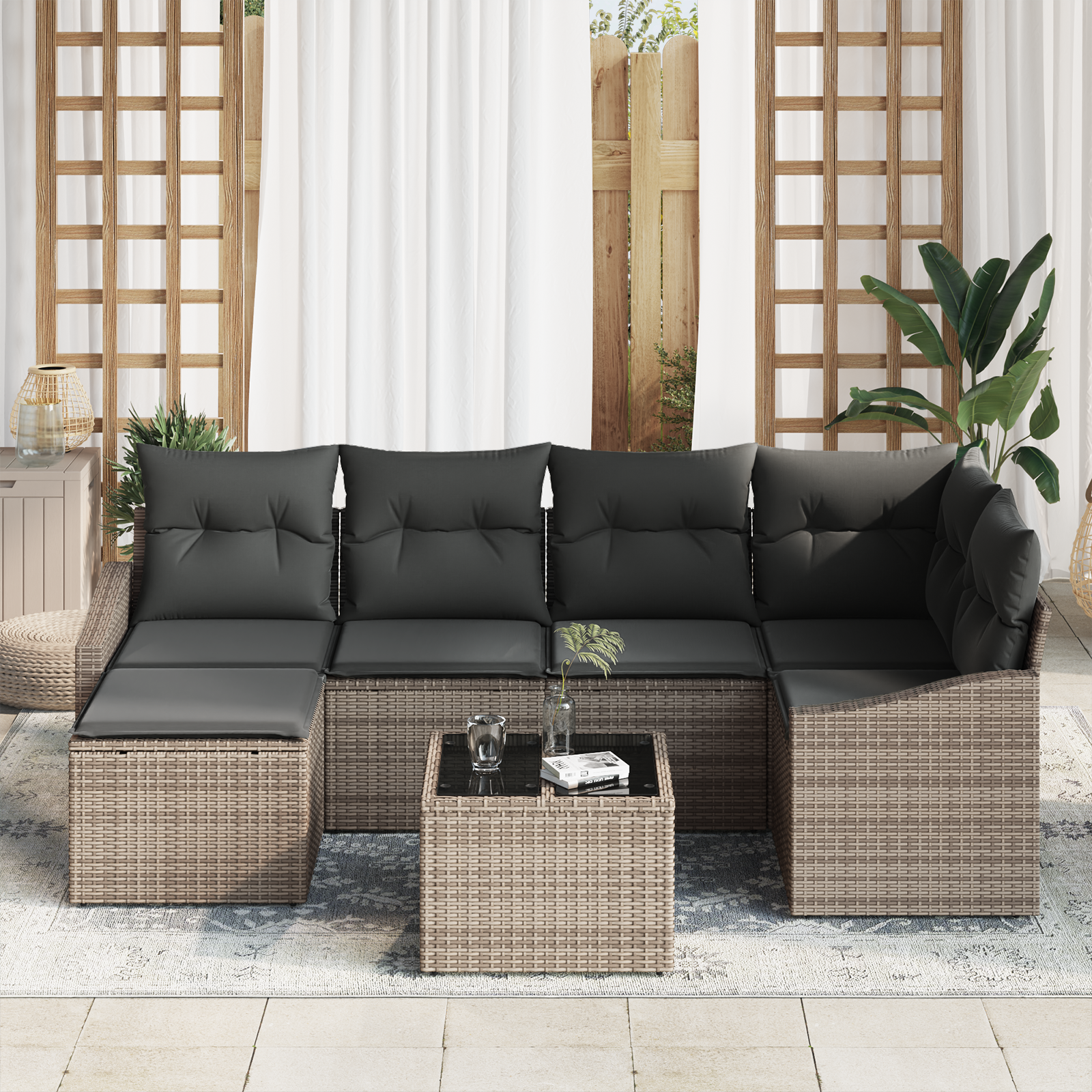 vidaXL 6-delige Tuinbankenset met kussens poly rattan zwart