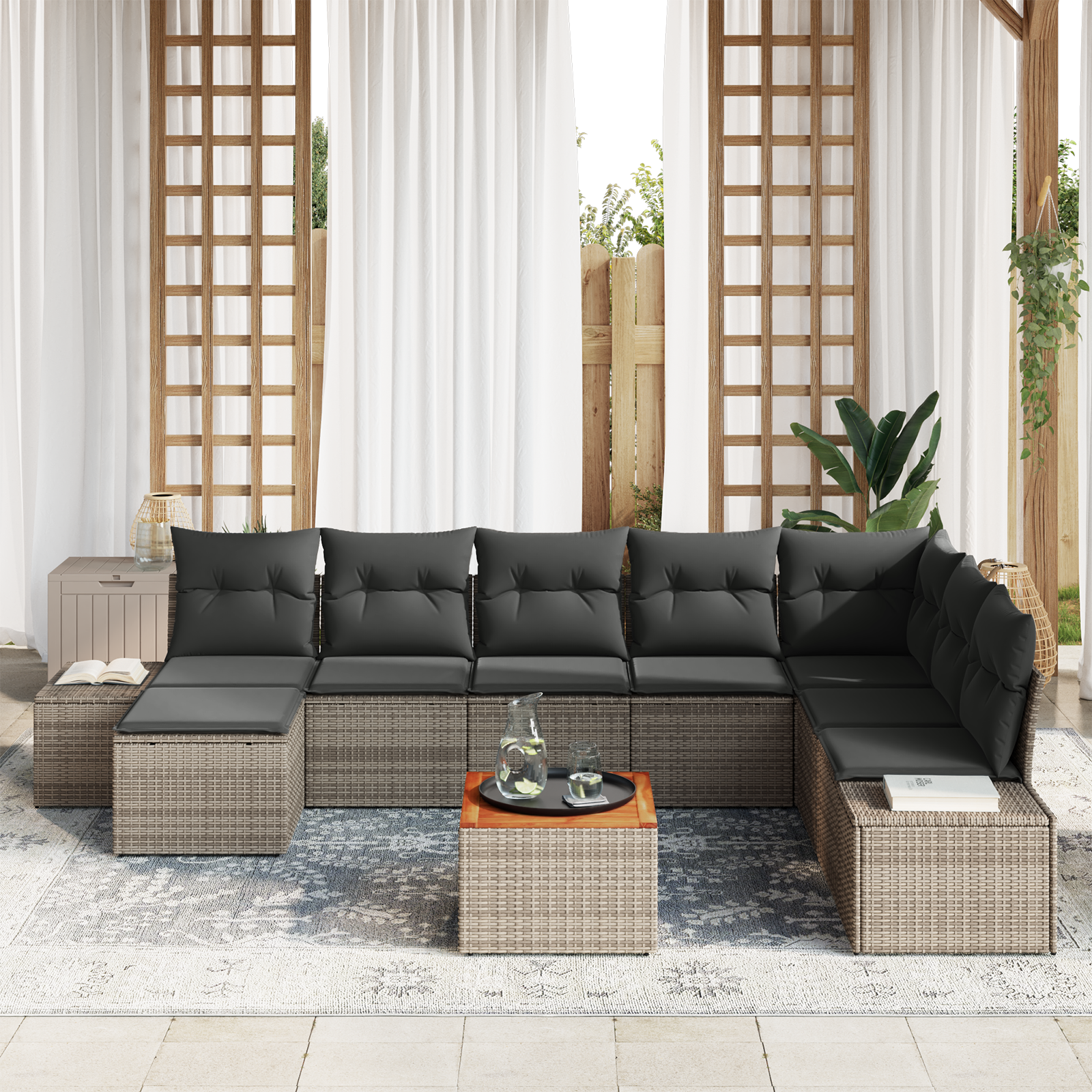 vidaXL 9-delige tuinset met kussens in grijs poly riet en acacia