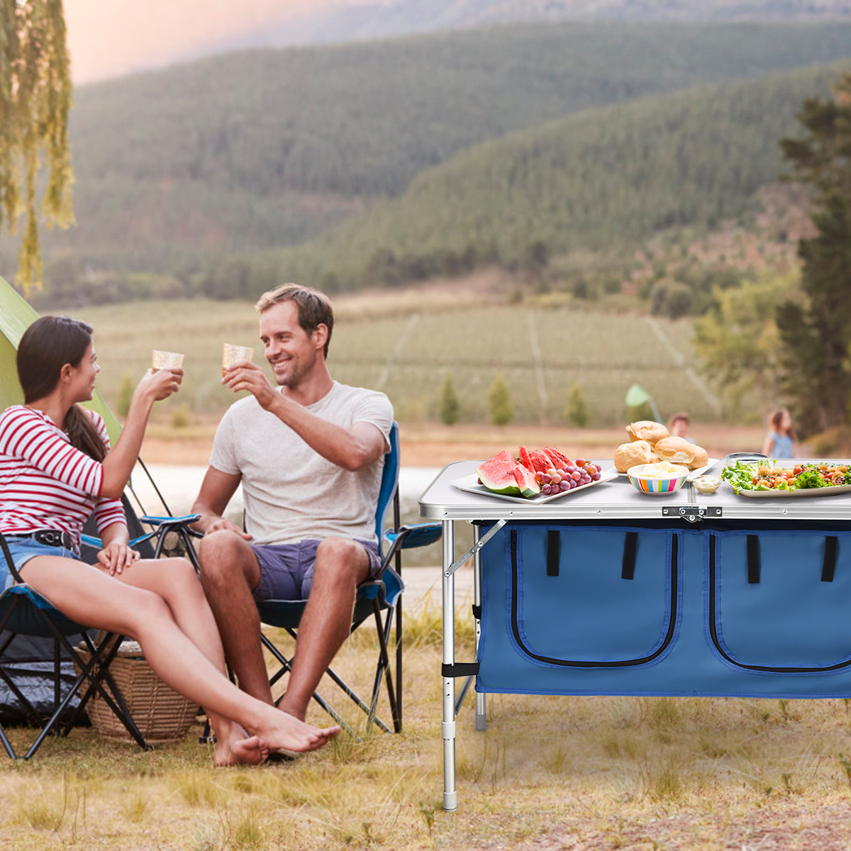 Costway Campingtafel met Grote Opbergruimte Reiskeuken Alu Vouwtafel Tuin Tafel Donkerblauw