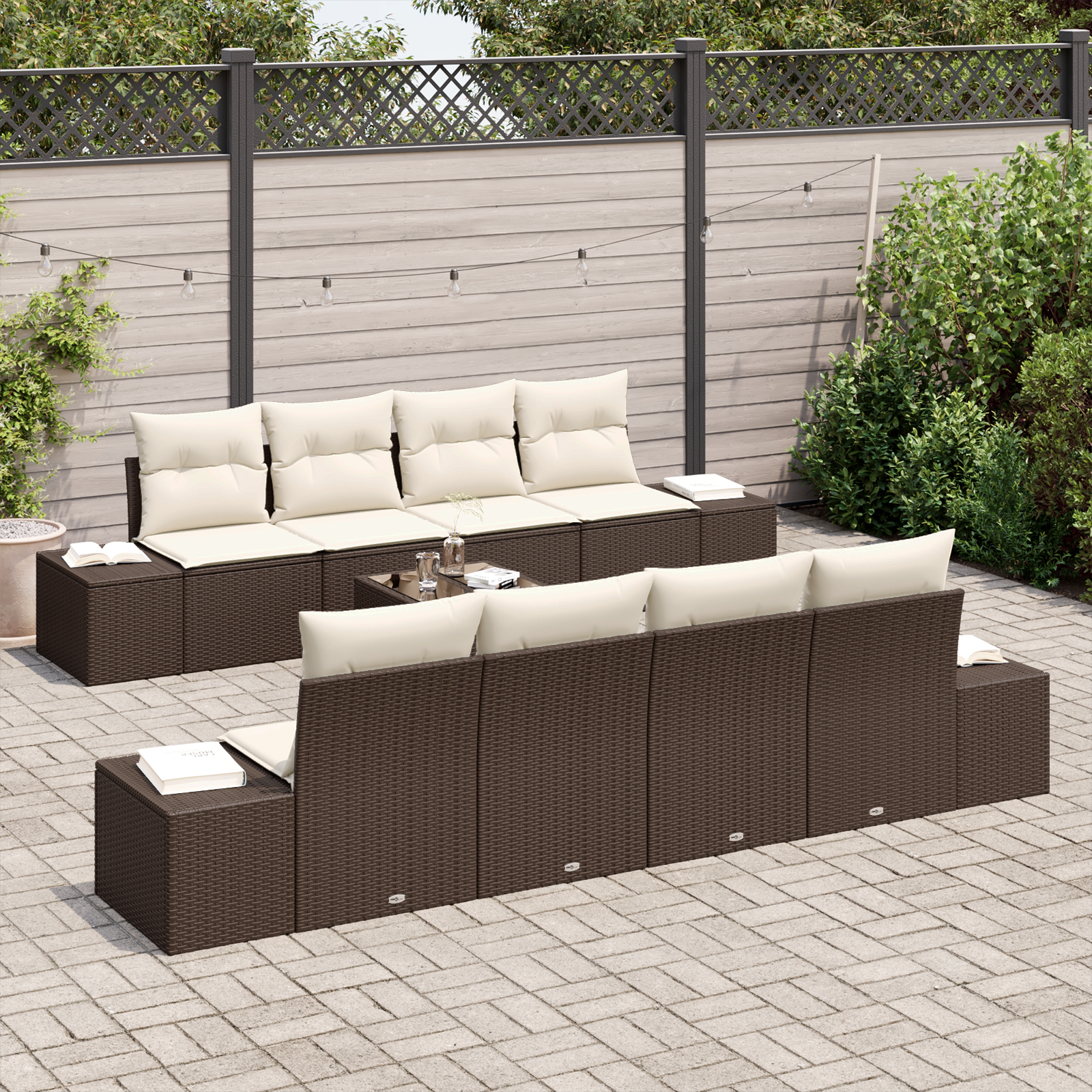 vidaXL 9-delige tuinbankset met kussens in bruin poly rattan