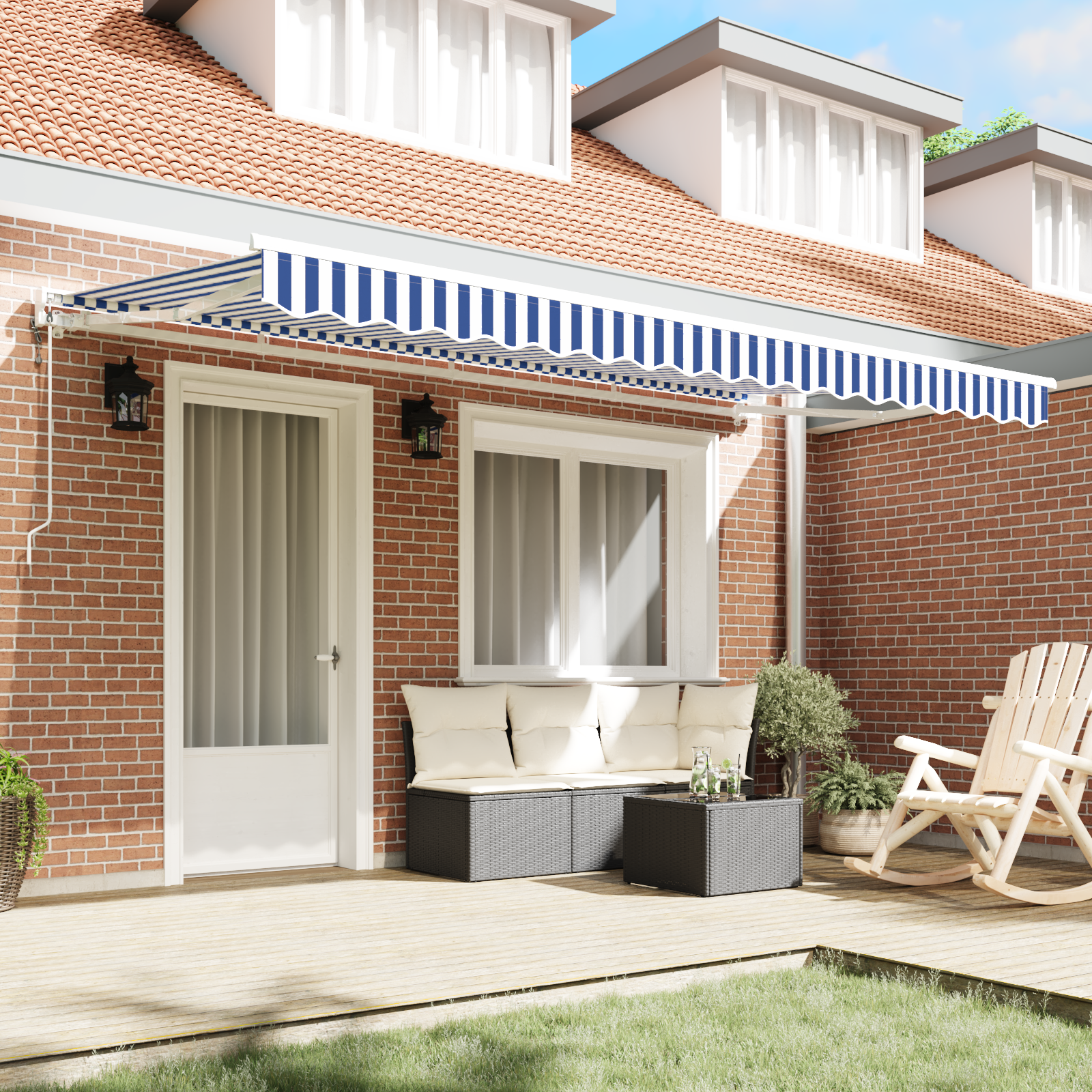 vidaXL Inklapbaar Zonnescherm Blauw en Wit 350x200 cm