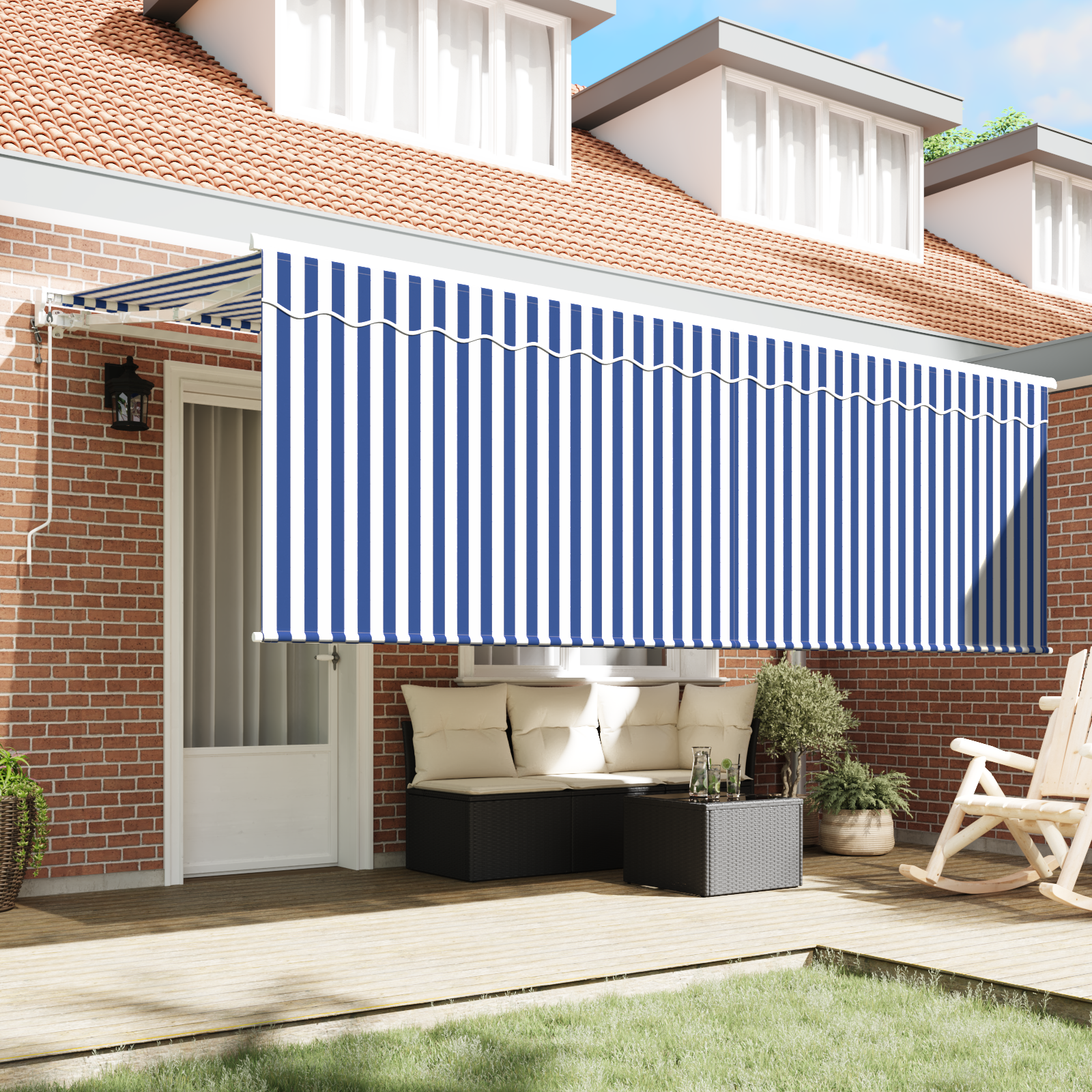 vidaXL Inklapbaar Zonnescherm Gestreept Blauw en wit Wit 350 x 200 cm