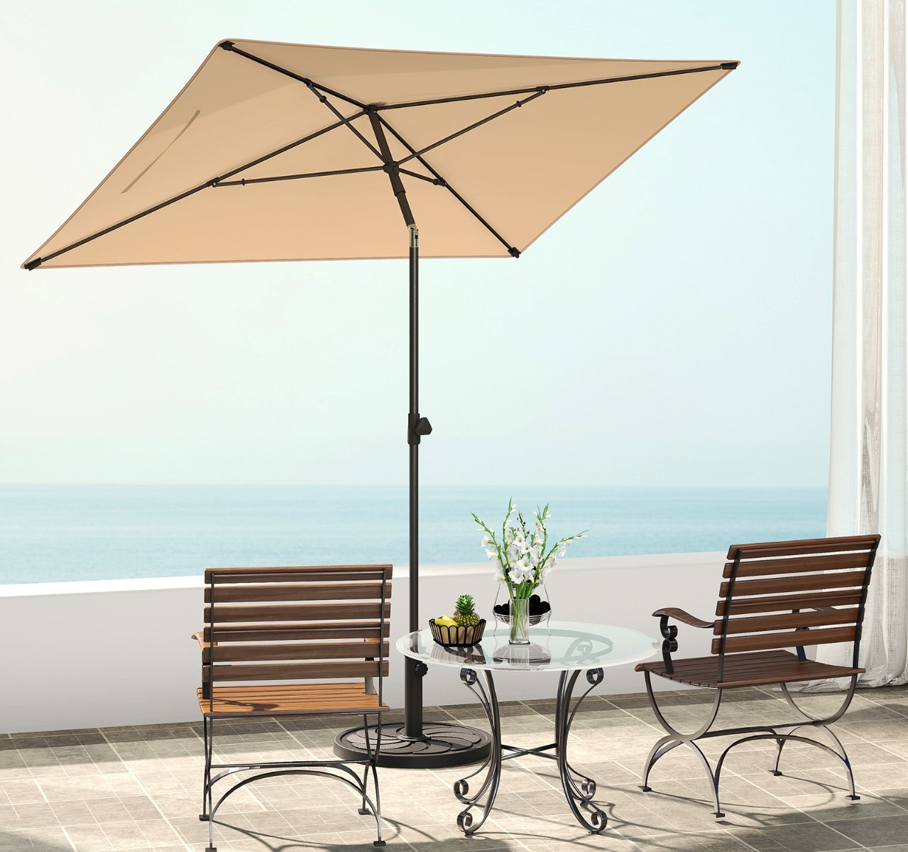 Costway Zonnescherm Balkon 210x140 cm Balkonparasols Rechthoekig Tuinparasols Dubbelzijdig 30° Kantelbaar Beige