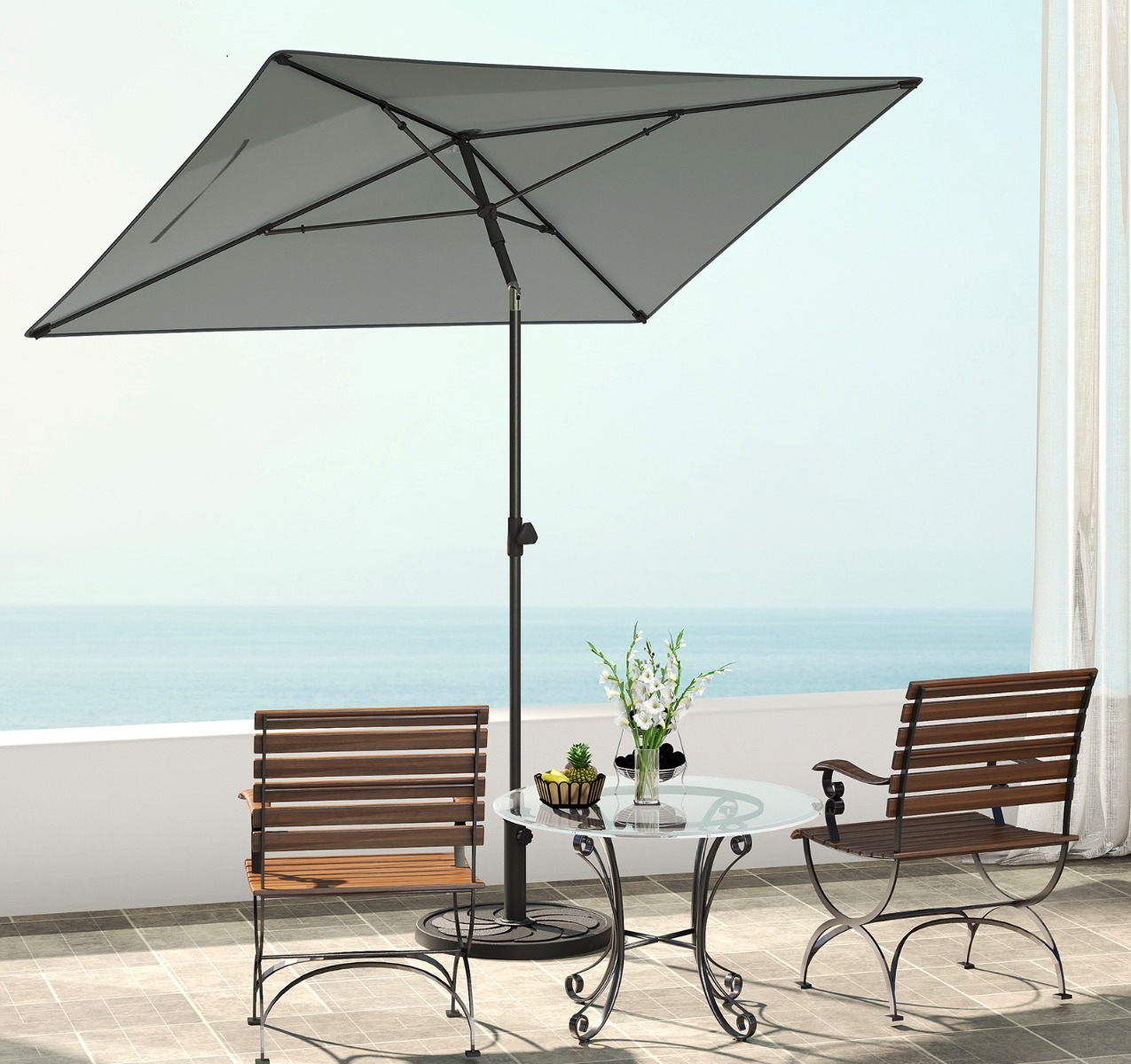 Costway Zonnescherm Balkon 210 x 140 cm Balkonparasol Rechthoekig Tuinparasol aan Beide Zijden 30° Kantelbaar Grijs