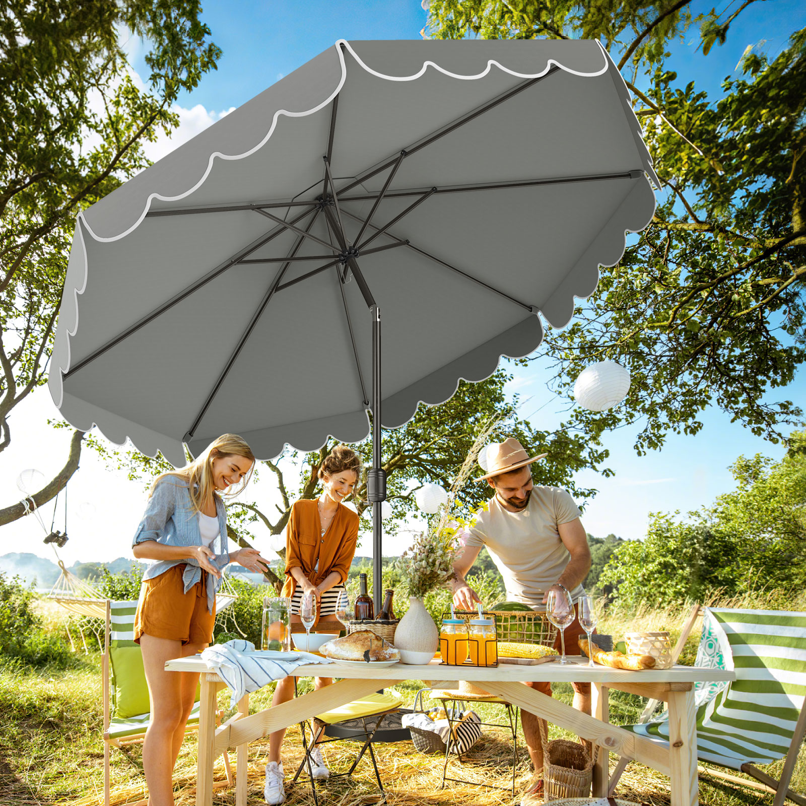 Costway 300 cm Parasol met Zwengel en Volant Tuinparasol Dubbelzijdig 35° Kantelbaar Terrasparasol Grijs