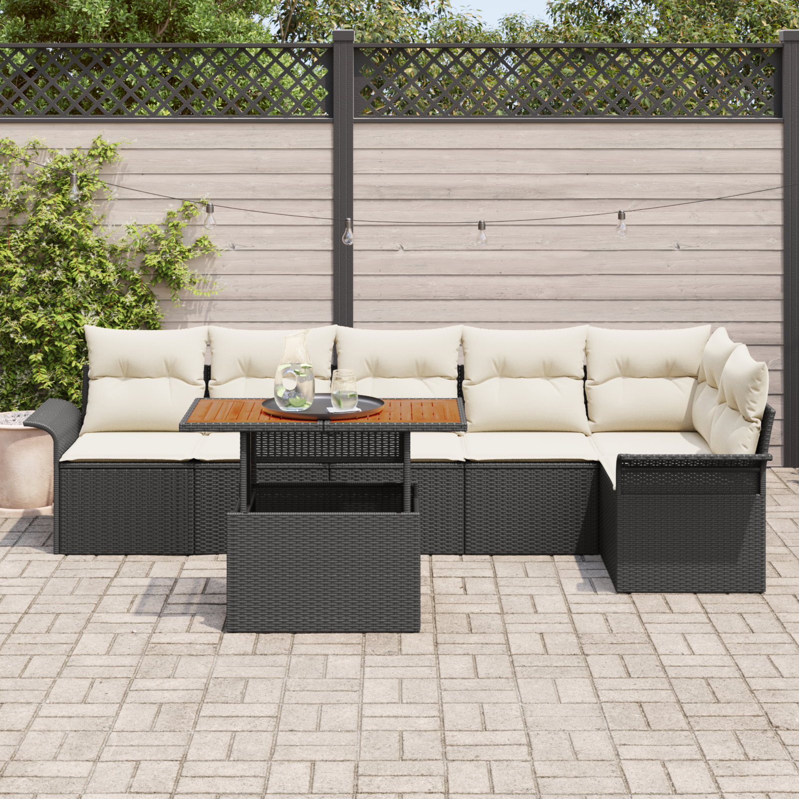 vidaXL 7-delige Tuinbankenset met kussens poly rattan zwart
