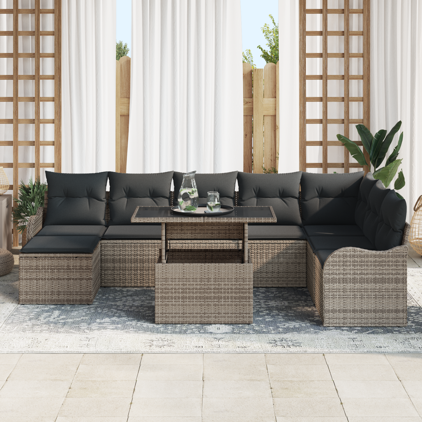vidaXL 9-delige Tuinbankenset met kussens poly rattan grijs