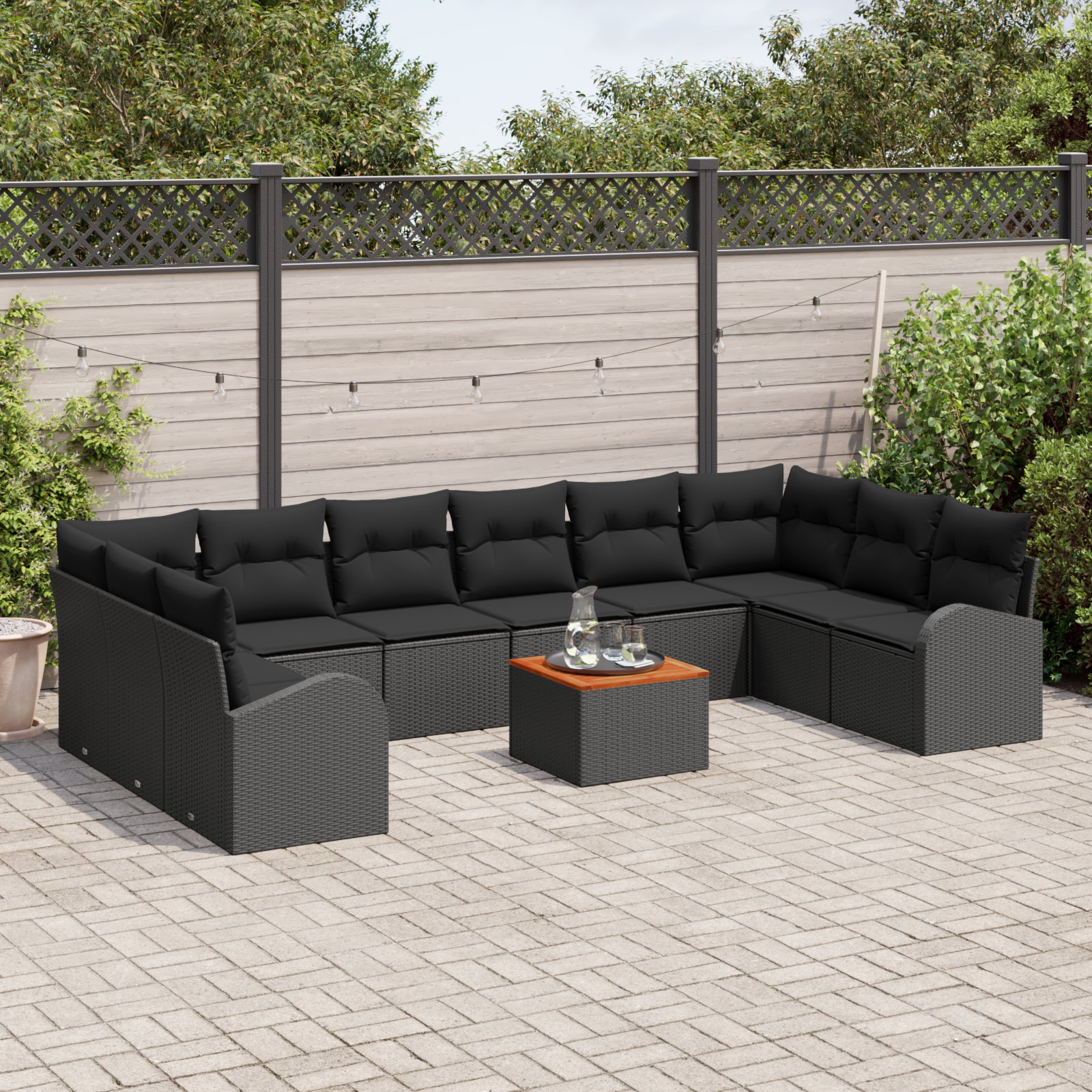 vidaXL 11-delige Tuinbankset met Kussens - Zwart Poly Rattan en Acacia