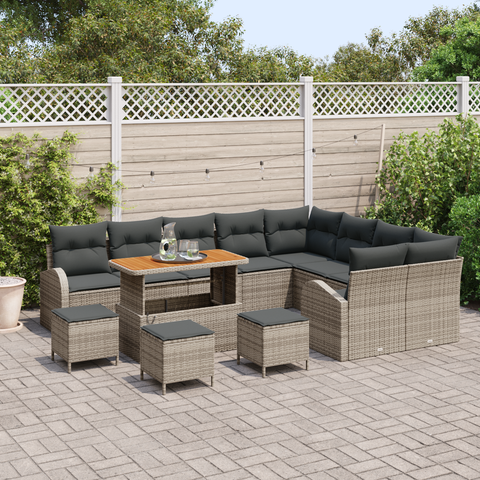vidaXL 13-delige tuinbankset met kussens - Grijs - Poly Rattan - Acacia