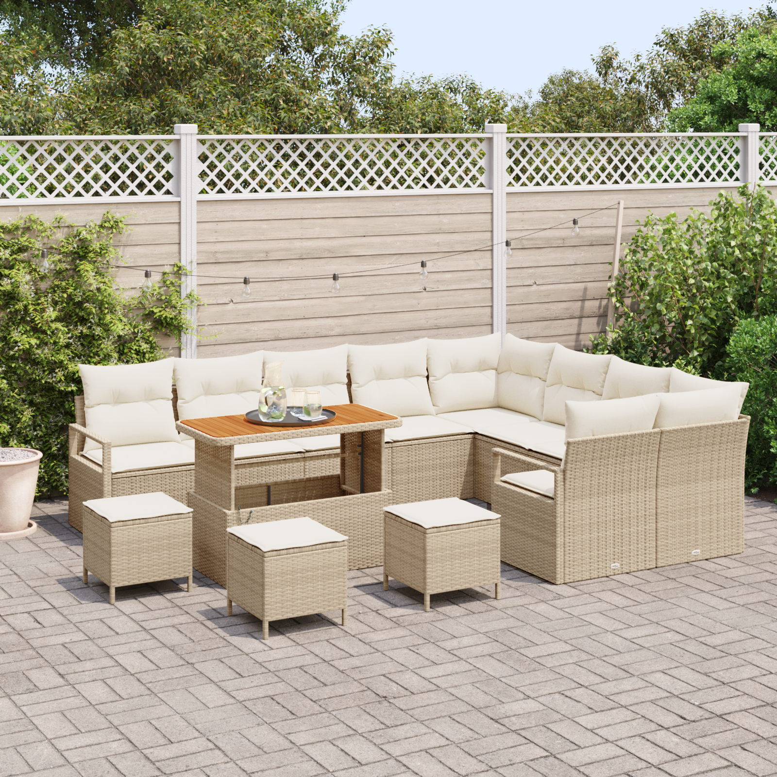 vidaXL 13-delige Tuinbankenset met kussens poly rattan acacia beige