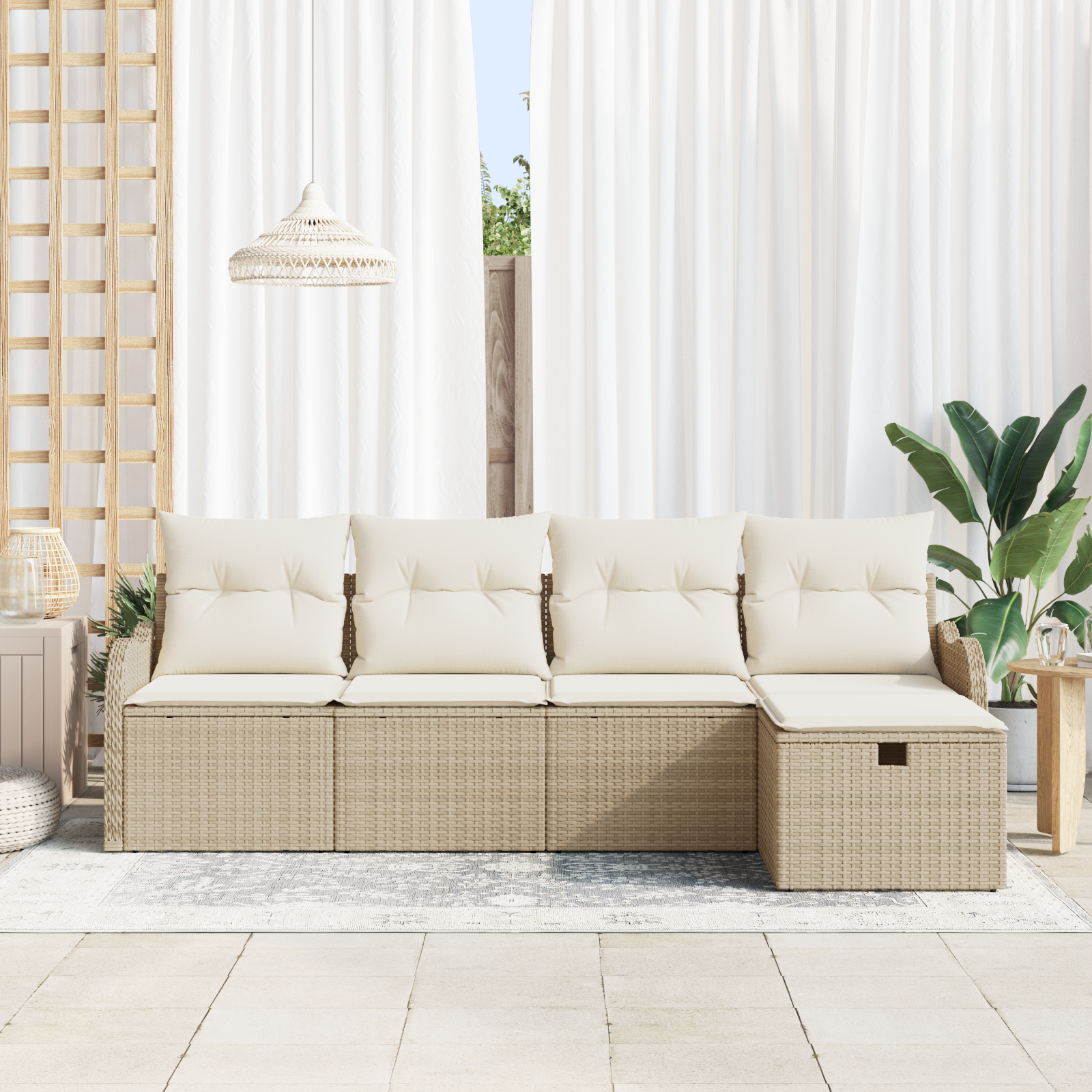 vidaXL 5-delige Tuinbankenset met kussens poly rattan beige