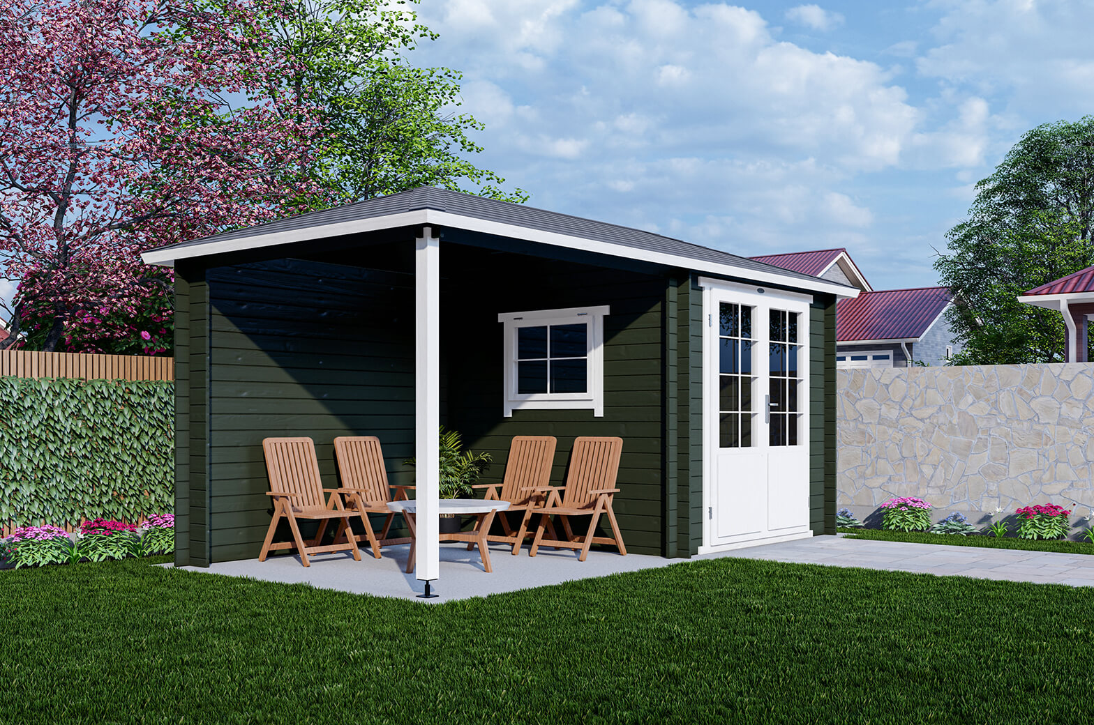 Van Kooten Tuin en Buitenleven Interflex 2525Z Blokhut 250x250 met overkapping 250 cm 28 mm vuren gecoat- Puntdak- Hout- Interflex