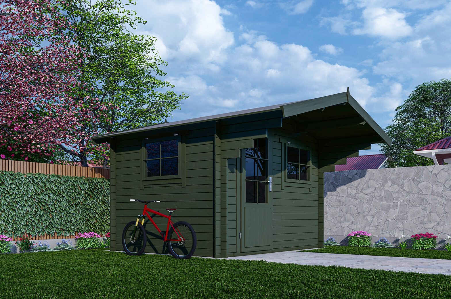 Van Kooten Tuin en Buitenleven Interflex 3026 Blokhut 300x250 cm 28 mm vuren gecoat- Zadeldak- Hout- Interflex