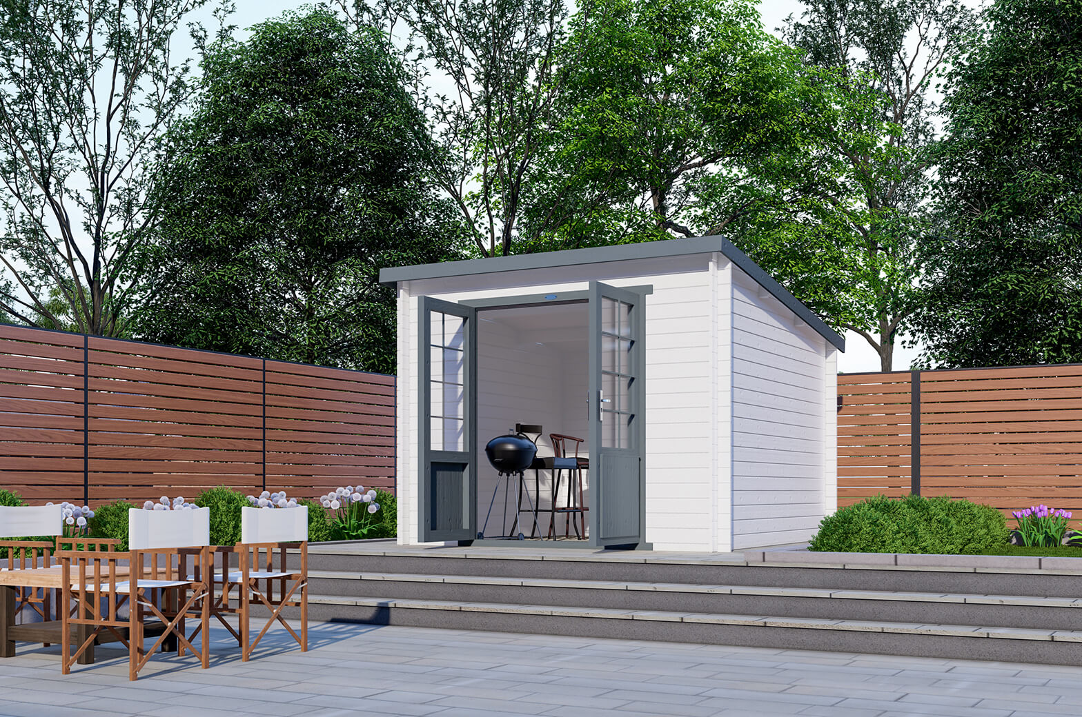 Van Kooten Tuin en Buitenleven Interflex 3030L Blokhut 300x300 cm 28 mm vuren gecoat- Lessenaarsdak- Hout- Interflex