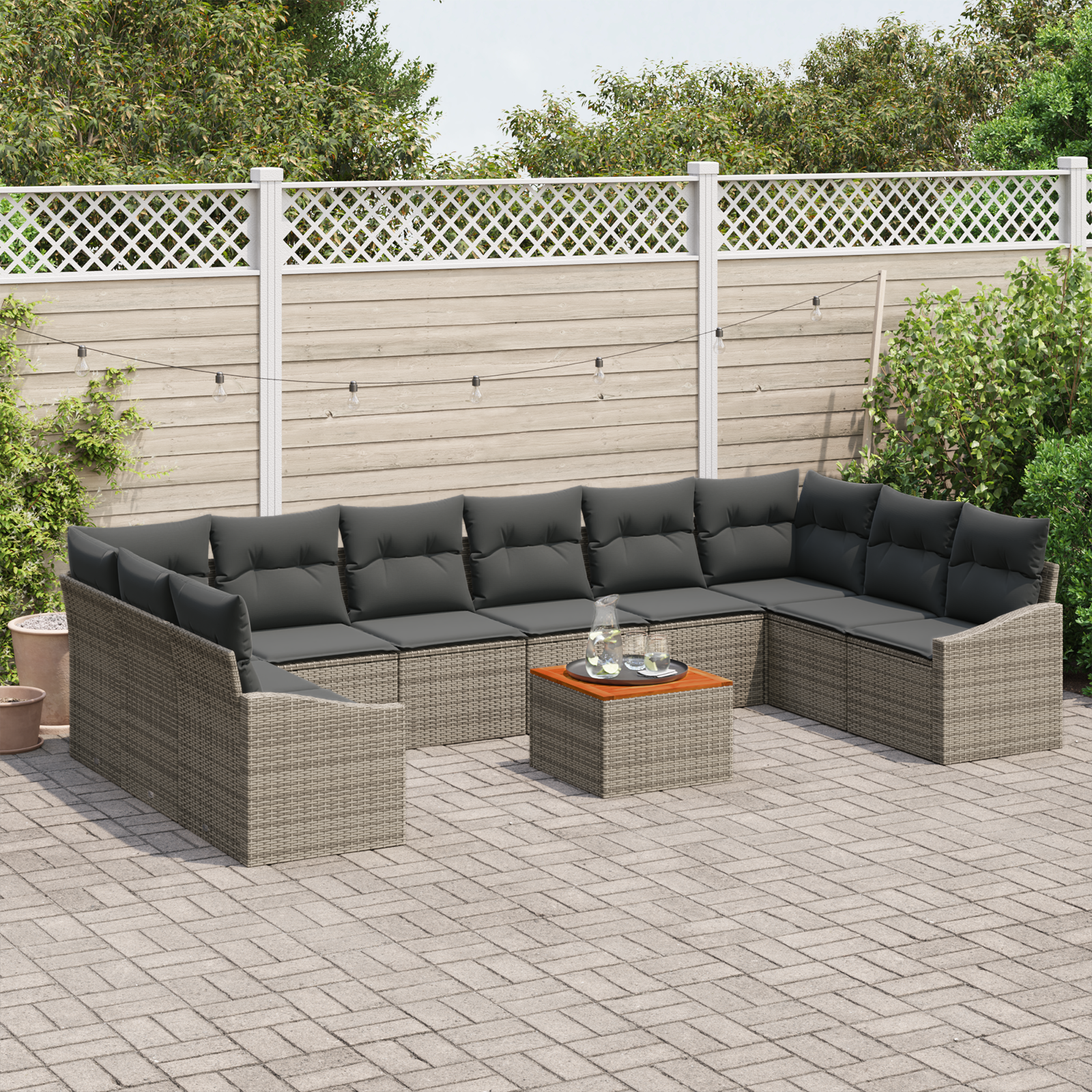 vidaXL 11-delige tuinbankset met kussens in grijs poly riet en acacia