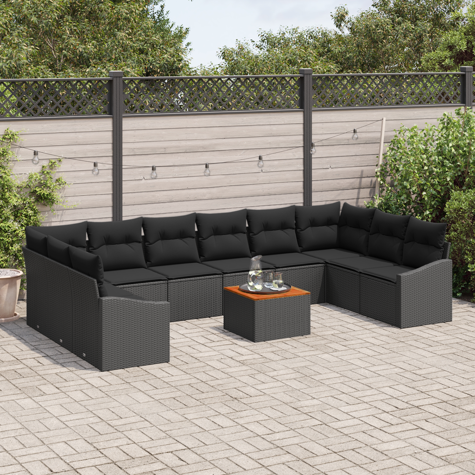 vidaXL 11-delige tuinbankset met kussens in zwart poly riet en acacia