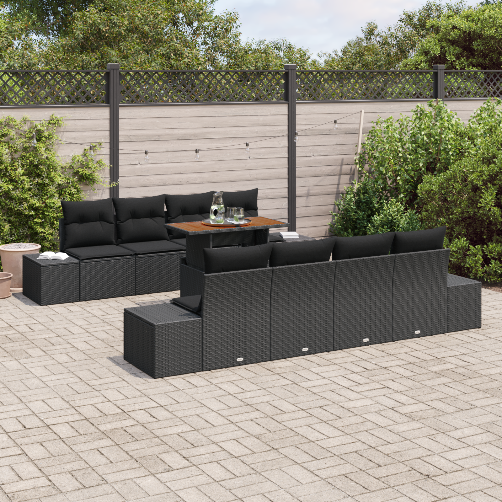 vidaXL 7-delige Tuinbankenset met kussens poly rattan zwart