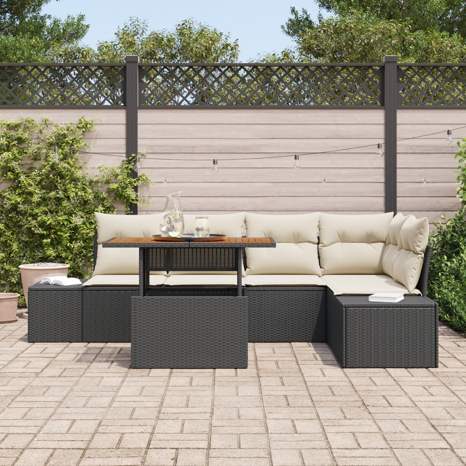 vidaXL 6-delige tuin dinerset met kussens zwart poly rattan acacia