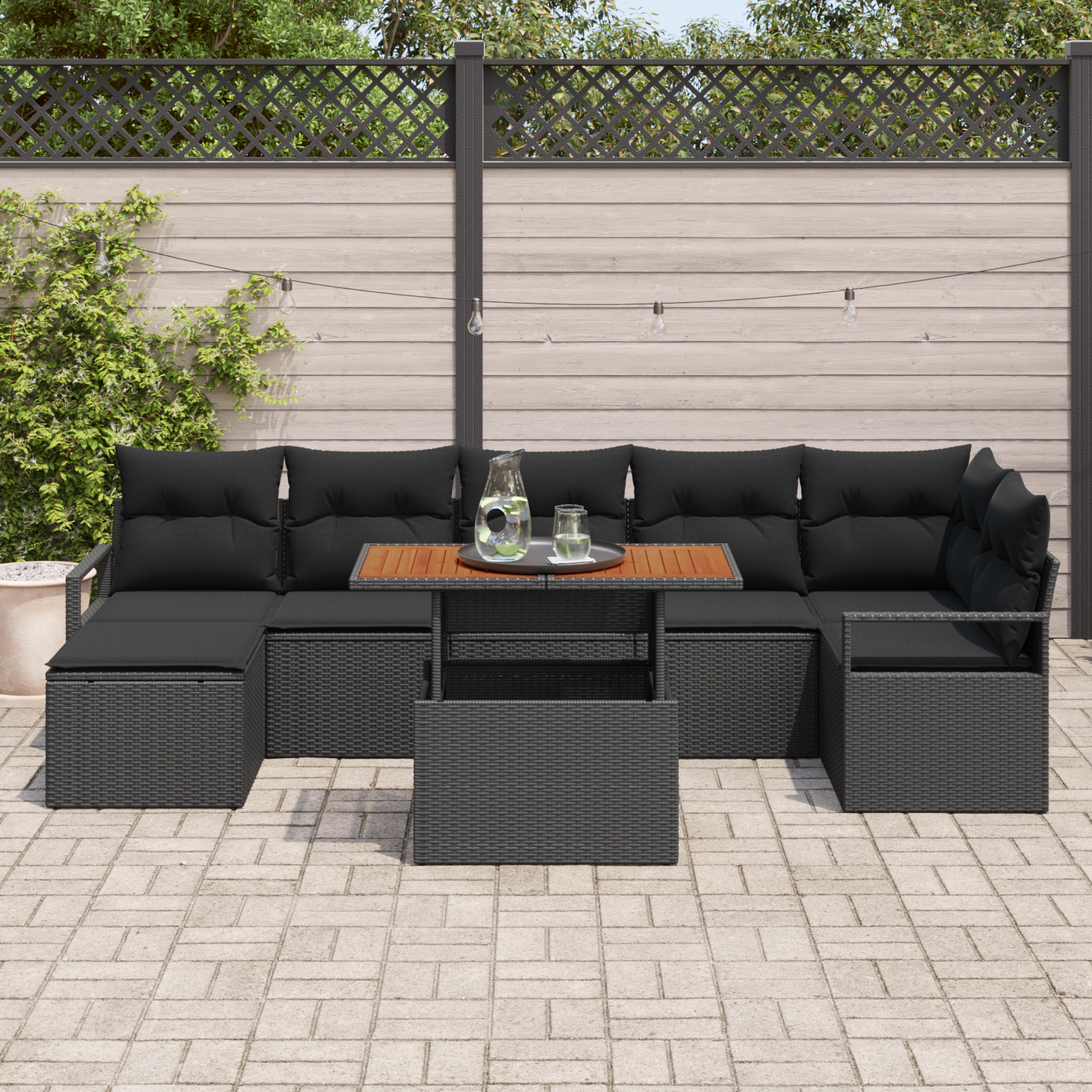 vidaXL 8-delige tuinsofa set met kussens, zwart poly riet en acacia hout
