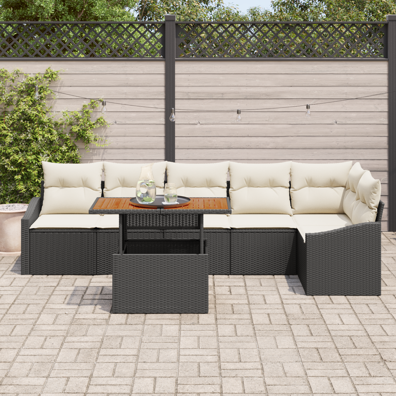 vidaXL 7-delige Tuinbankenset met kussens poly rattan zwart