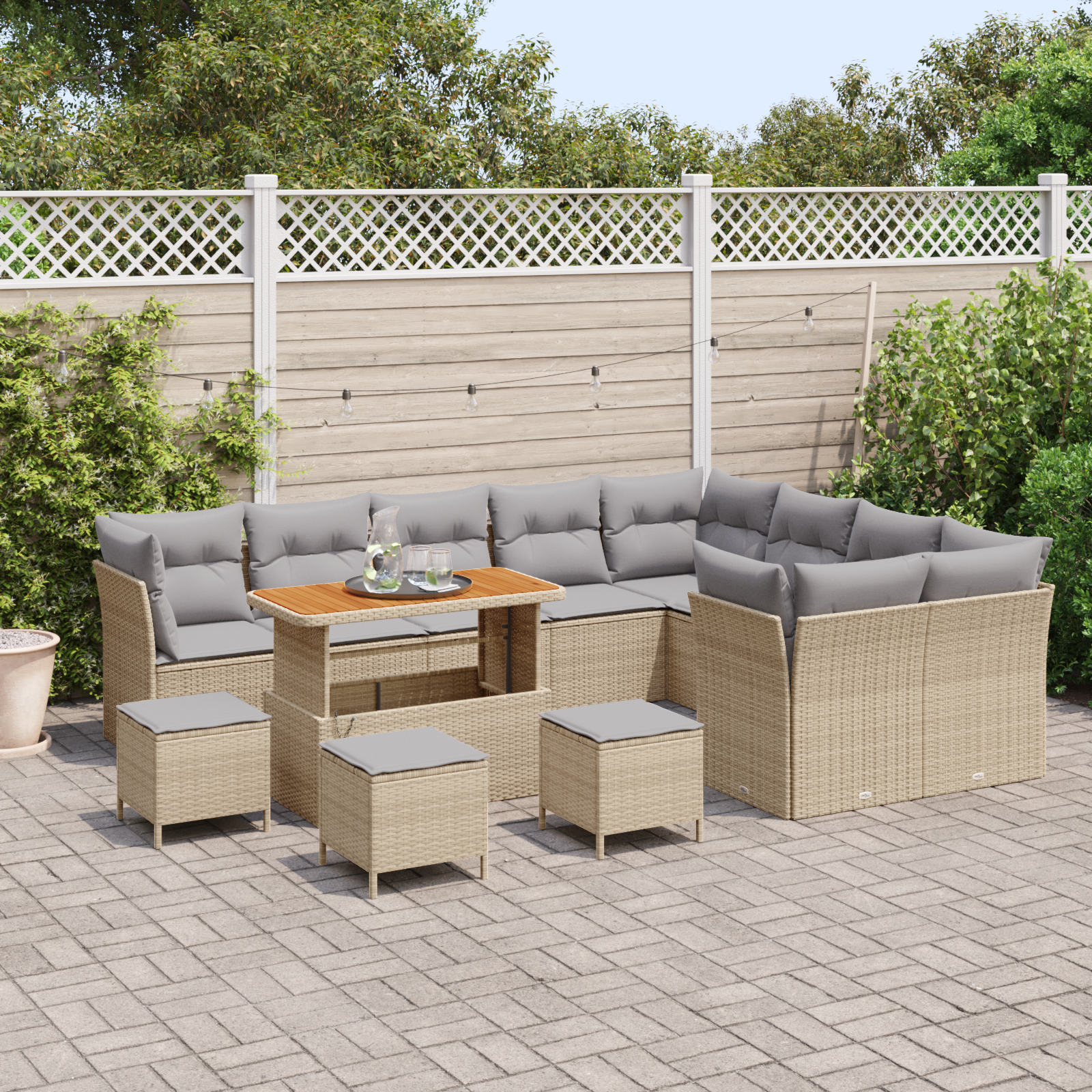 vidaXL 13-delige tuinset met kussens in beige poly rattan en acacia