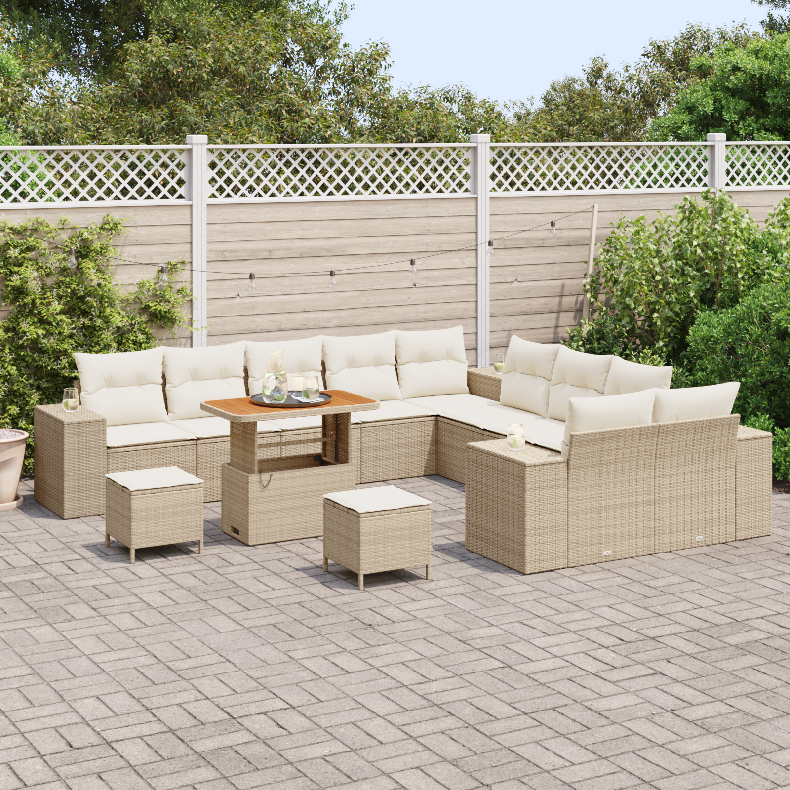 vidaXL 13-delige tuinset met kussens in beige poly rattan en acacia.