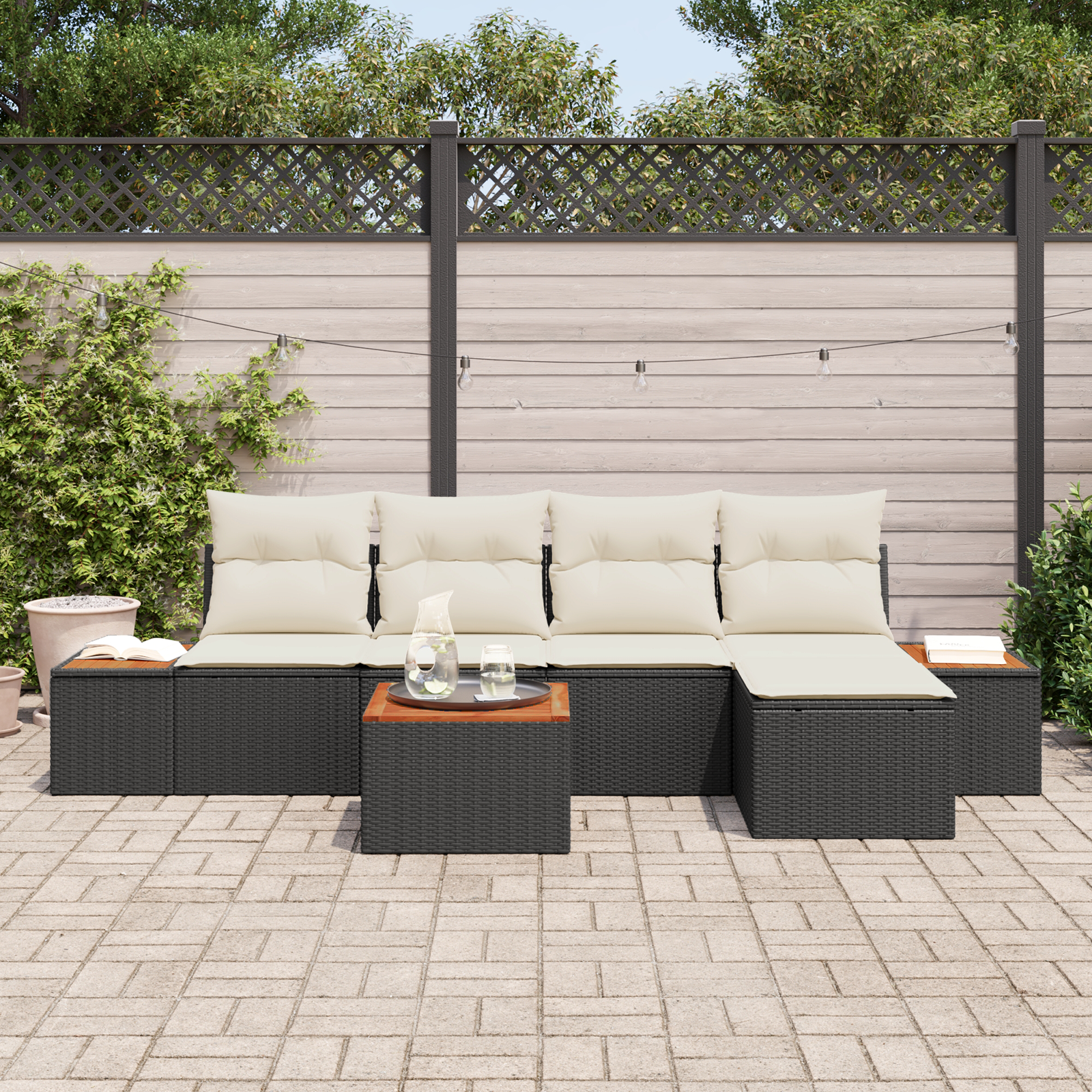 vidaXL 6-delige tuinbankset met kussens zwart poly rattan acacia