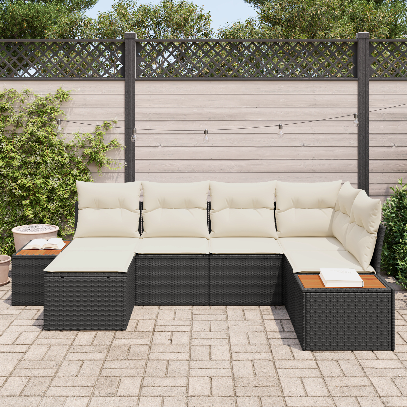 vidaXL 6-delige tuinset met kussens in zwart poly rattan en acacia