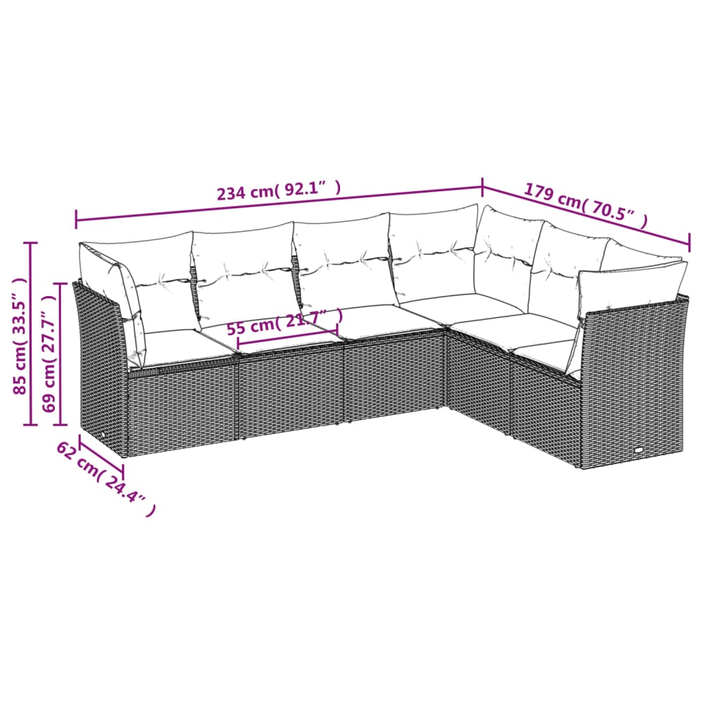 vidaXL 6-delige Loungeset met kussens poly rattan beige