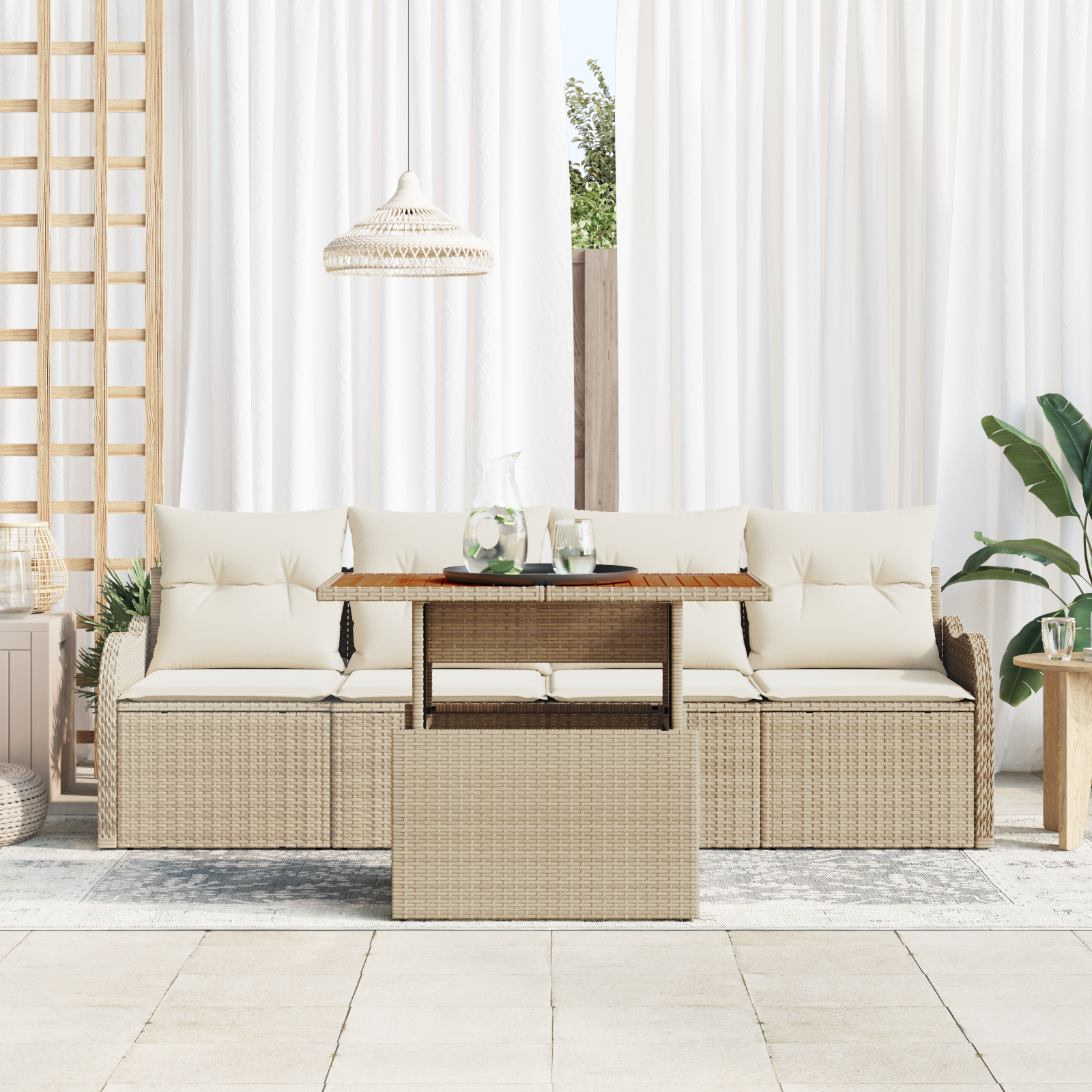 vidaXL 5-delige Tuinbankenset met kussens poly rattan beige
