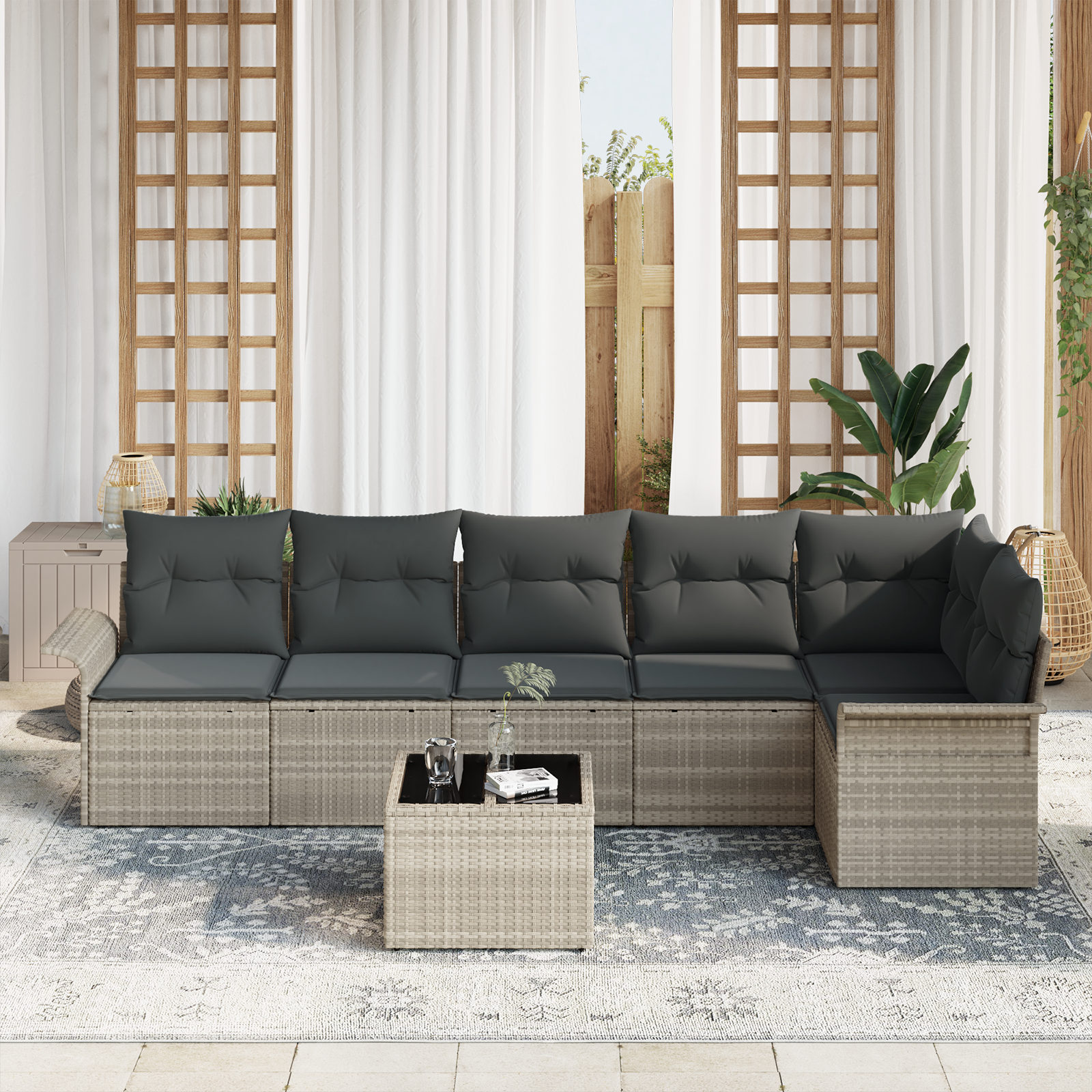 vidaXL 7-delige Tuinbankenset met kussens poly rattan grijs