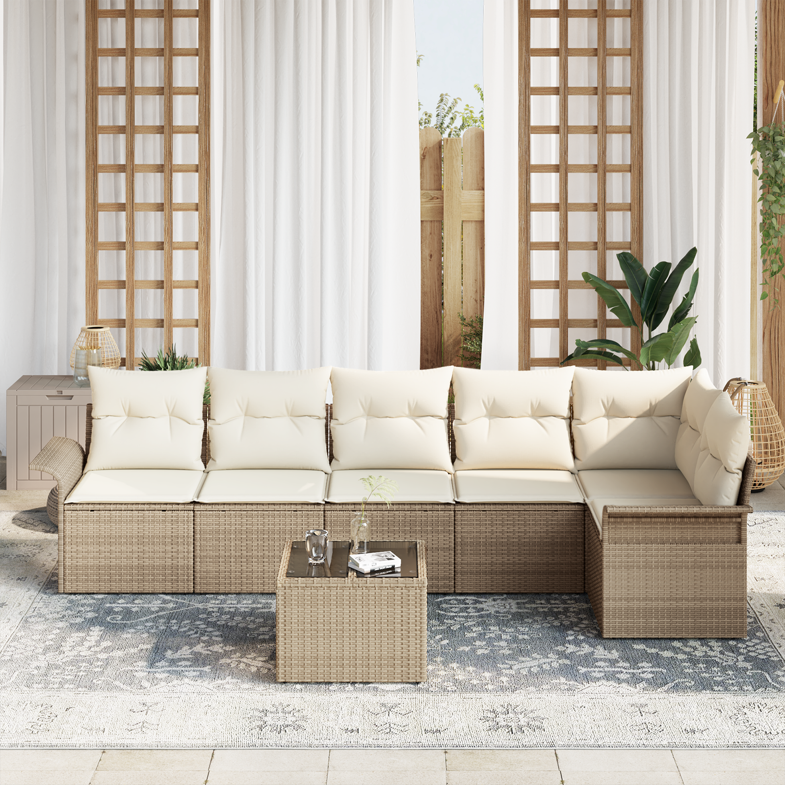 vidaXL 7-delige Tuinbankenset met kussens poly rattan bruin