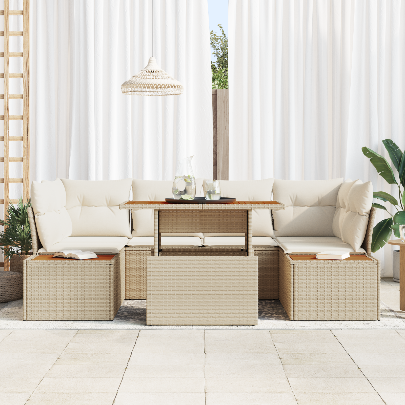 vidaXL 6-delige tuinset met kussens in beige poly rattan