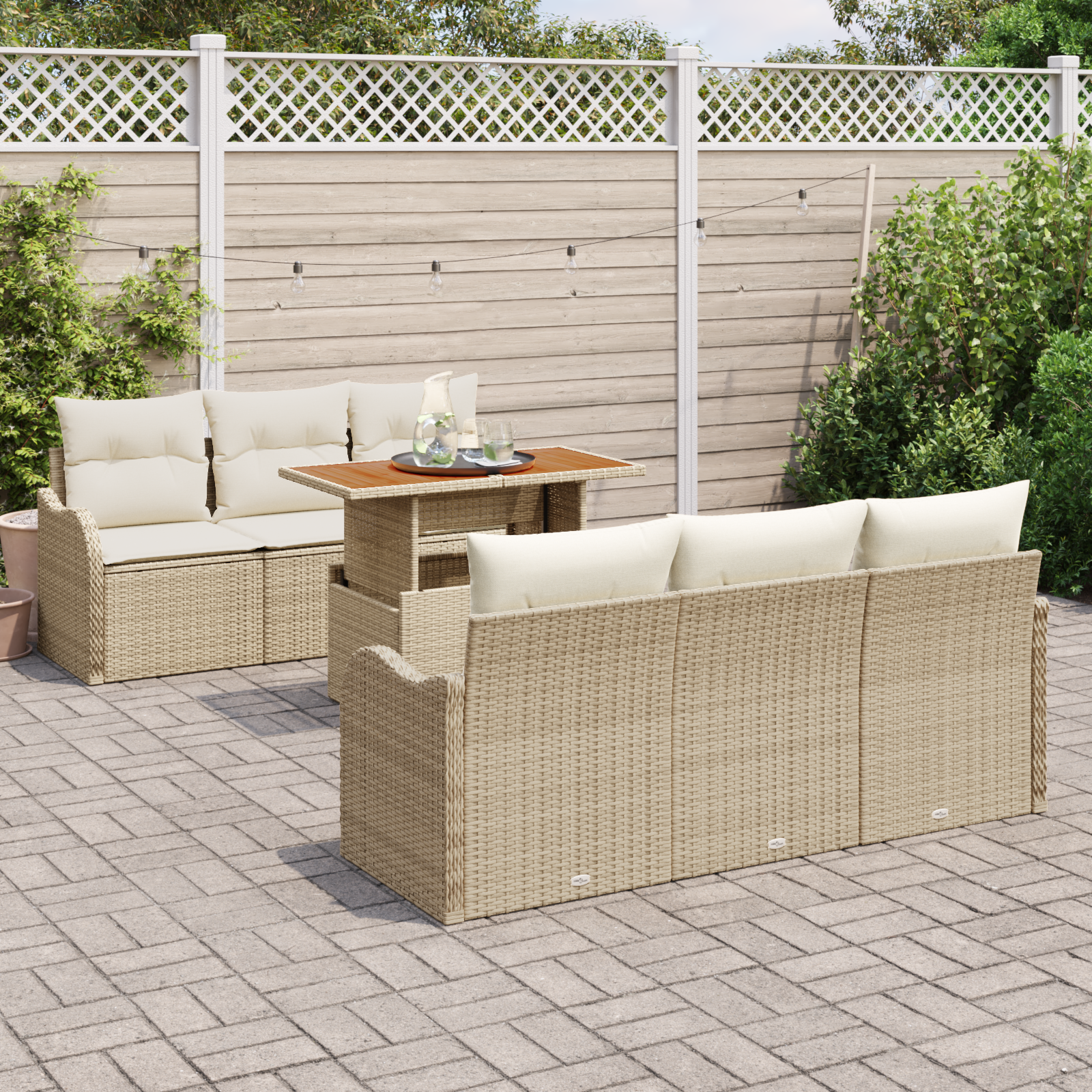 vidaXL 7-delige Tuinbankenset met kussens poly rattan beige